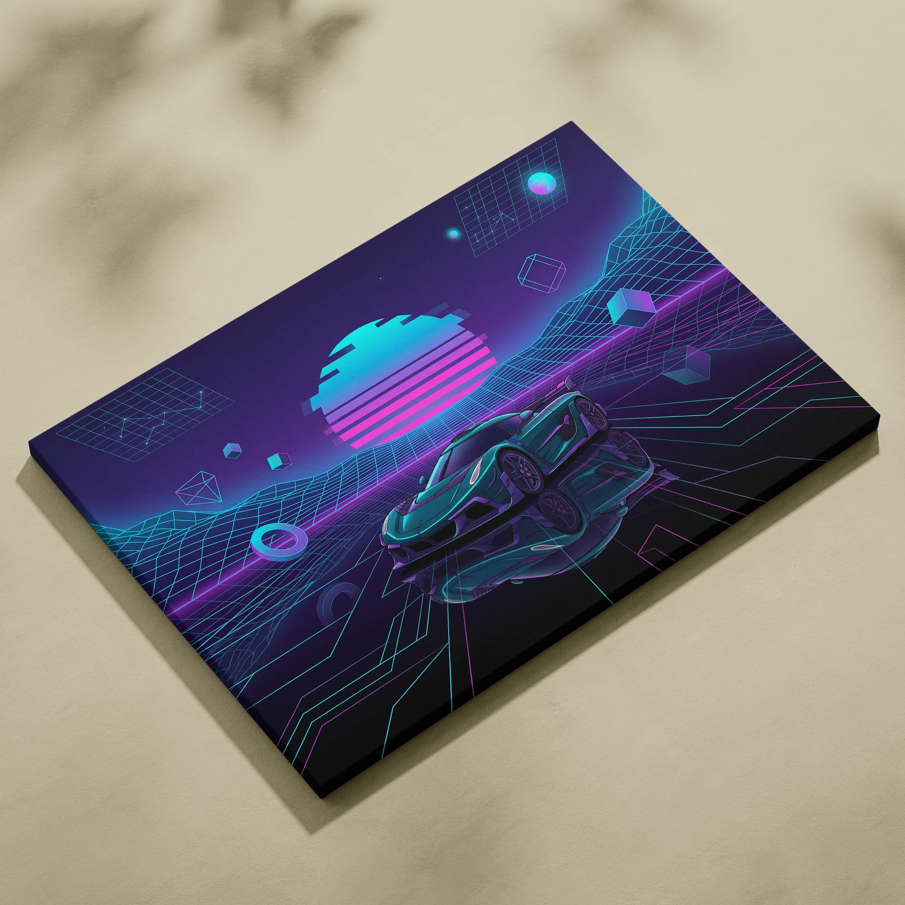 Koenigsegg Jesko Inspired Teal Purple Canvas Wall Art, Vaporwave Hypercar Artwork, Neon Grid Garage Decor, Retro Futuristic Exotic Print