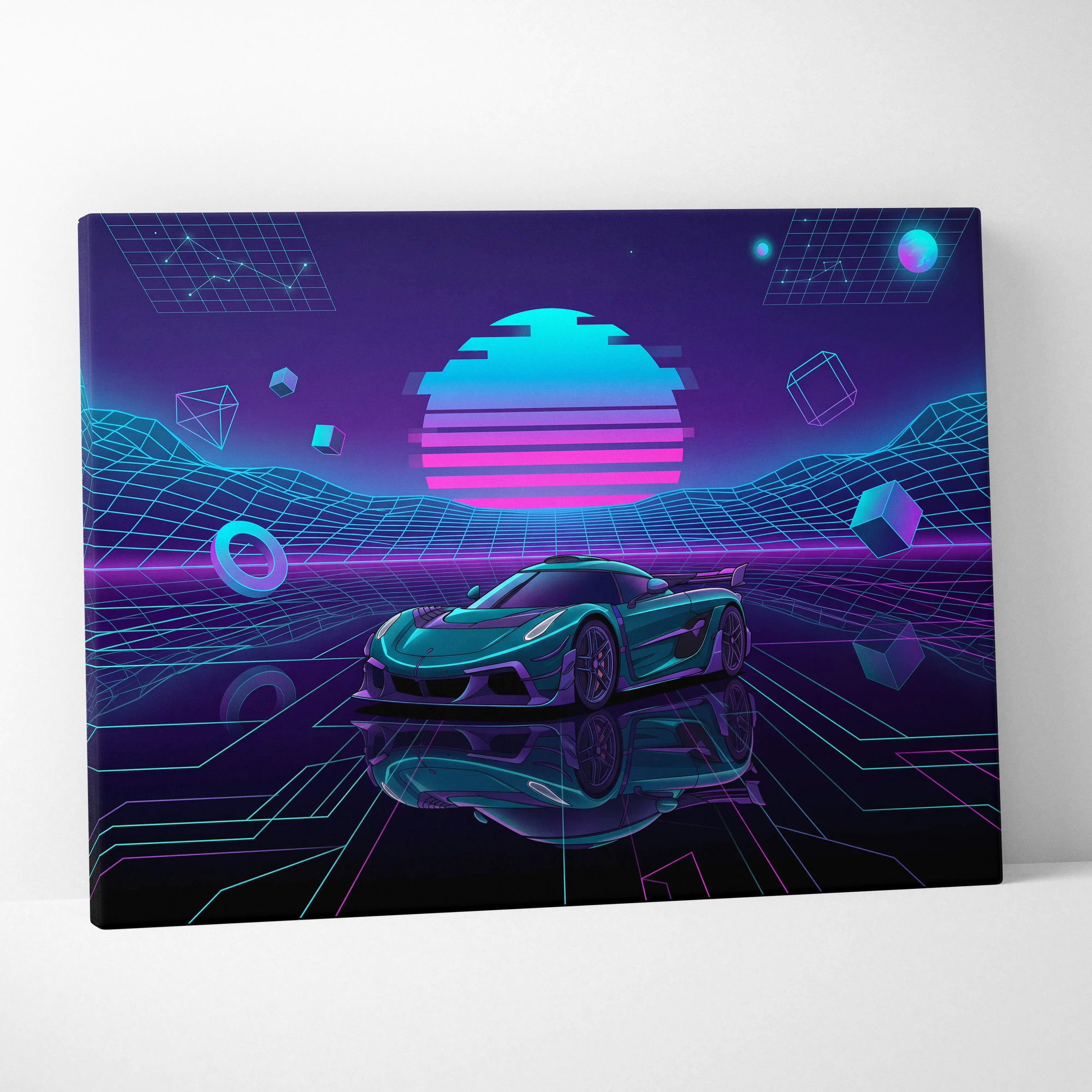 Koenigsegg Jesko Inspired Teal Purple Canvas Wall Art, Vaporwave Hypercar Artwork, Neon Grid Garage Decor, Retro Futuristic Exotic Print