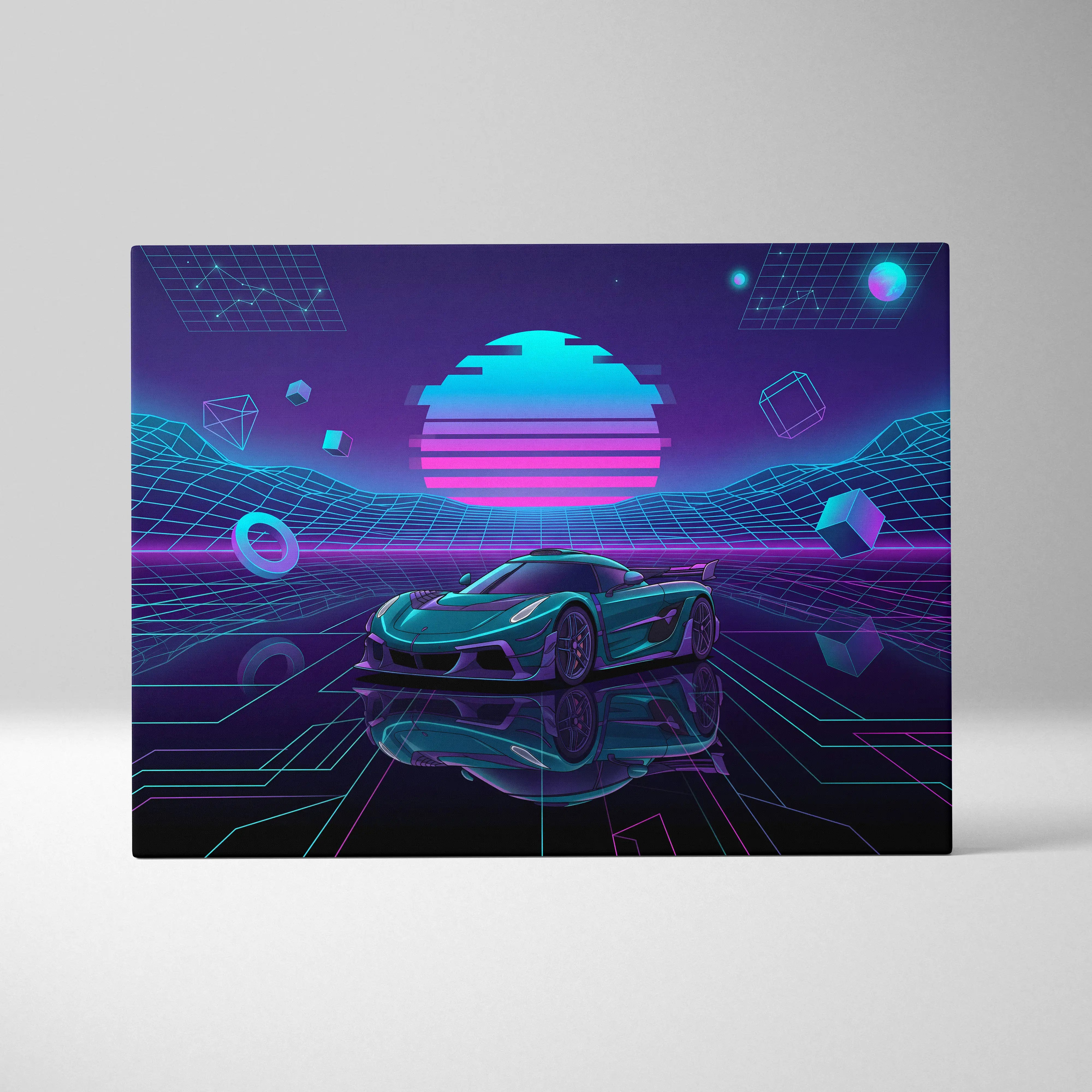 Koenigsegg Jesko Inspired Teal Purple Canvas Wall Art, Vaporwave Hypercar Artwork, Neon Grid Garage Decor, Retro Futuristic Exotic Print