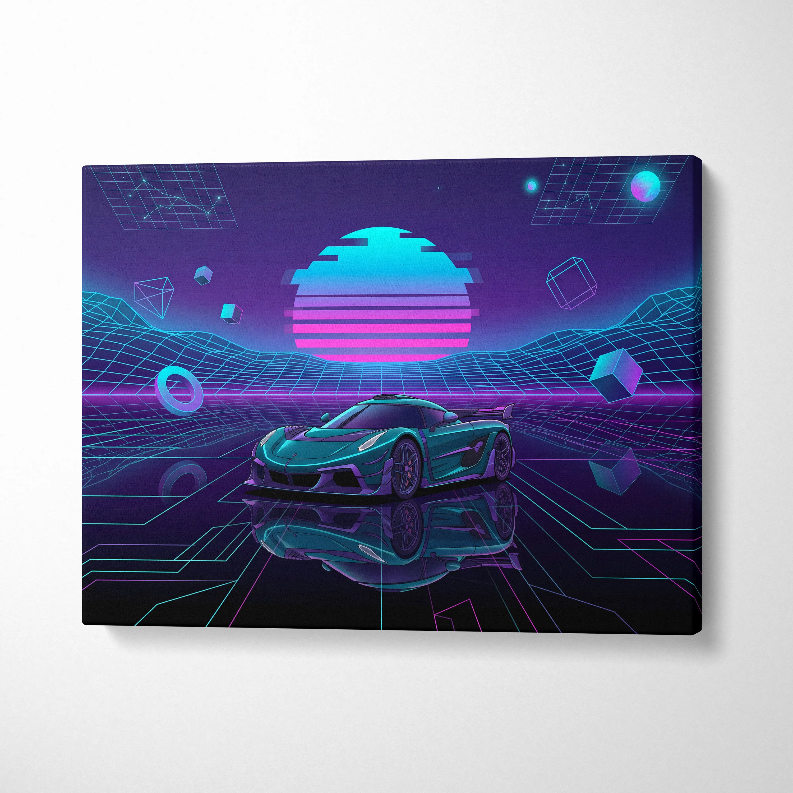 Koenigsegg Jesko Inspired Teal Purple Canvas Wall Art, Vaporwave Hypercar Artwork, Neon Grid Garage Decor, Retro Futuristic Exotic Print