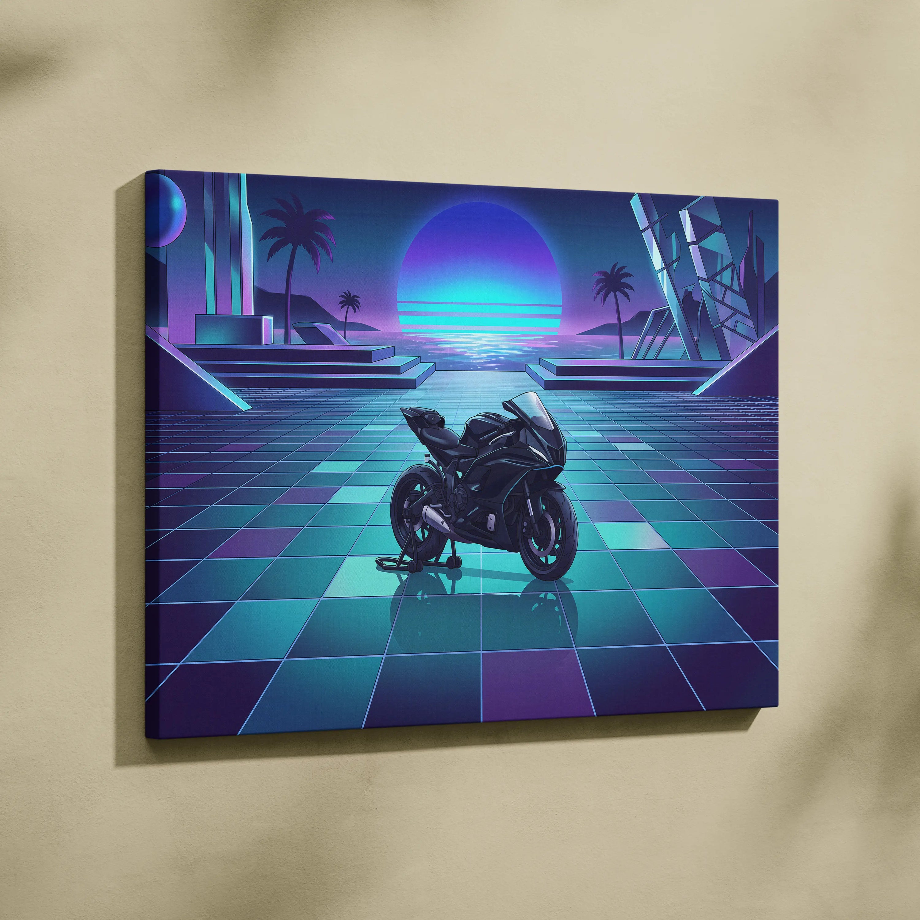 Yamaha YZF-R7 Inspired Purple Cyan Motorcycle Canvas Wall Art Vaporwave Neon Sunset Sportbike Garage Decor Retro Futuristic Artwork