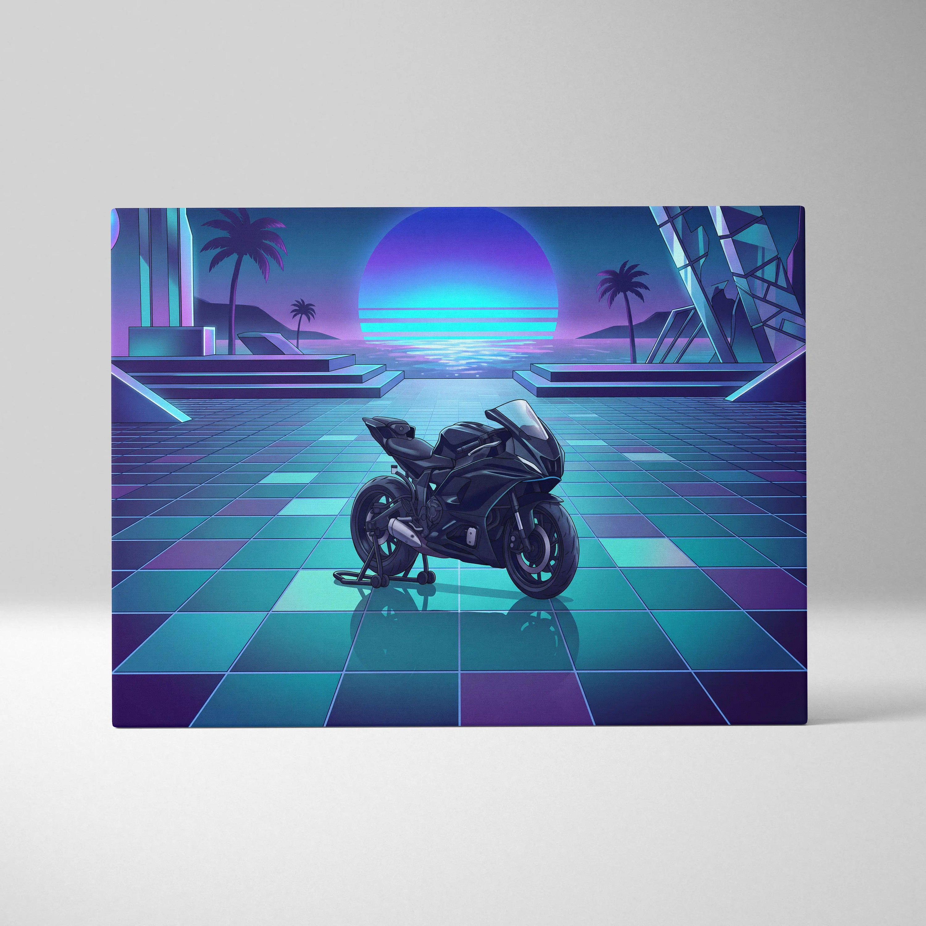Yamaha YZF-R7 Inspired Purple Cyan Motorcycle Canvas Wall Art Vaporwave Neon Sunset Sportbike Garage Decor Retro Futuristic Artwork