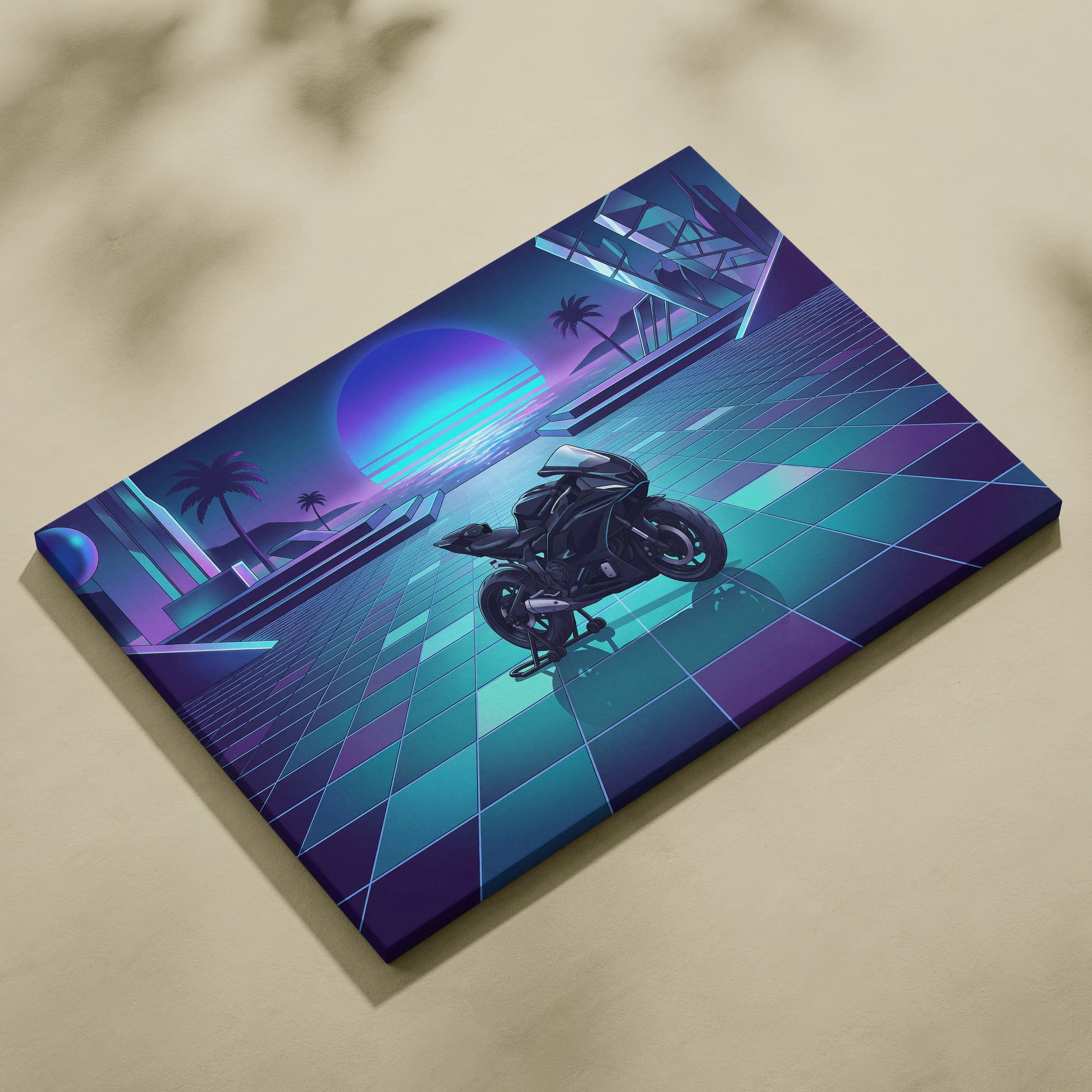 Yamaha YZF-R7 Inspired Purple Cyan Motorcycle Canvas Wall Art Vaporwave Neon Sunset Sportbike Garage Decor Retro Futuristic Artwork