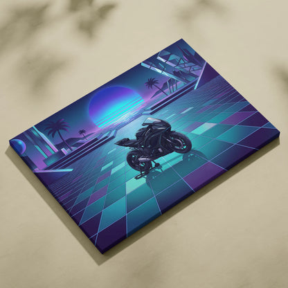 Yamaha YZF-R7 Inspired Purple Cyan Motorcycle Canvas Wall Art Vaporwave Neon Sunset Sportbike Garage Decor Retro Futuristic Artwork