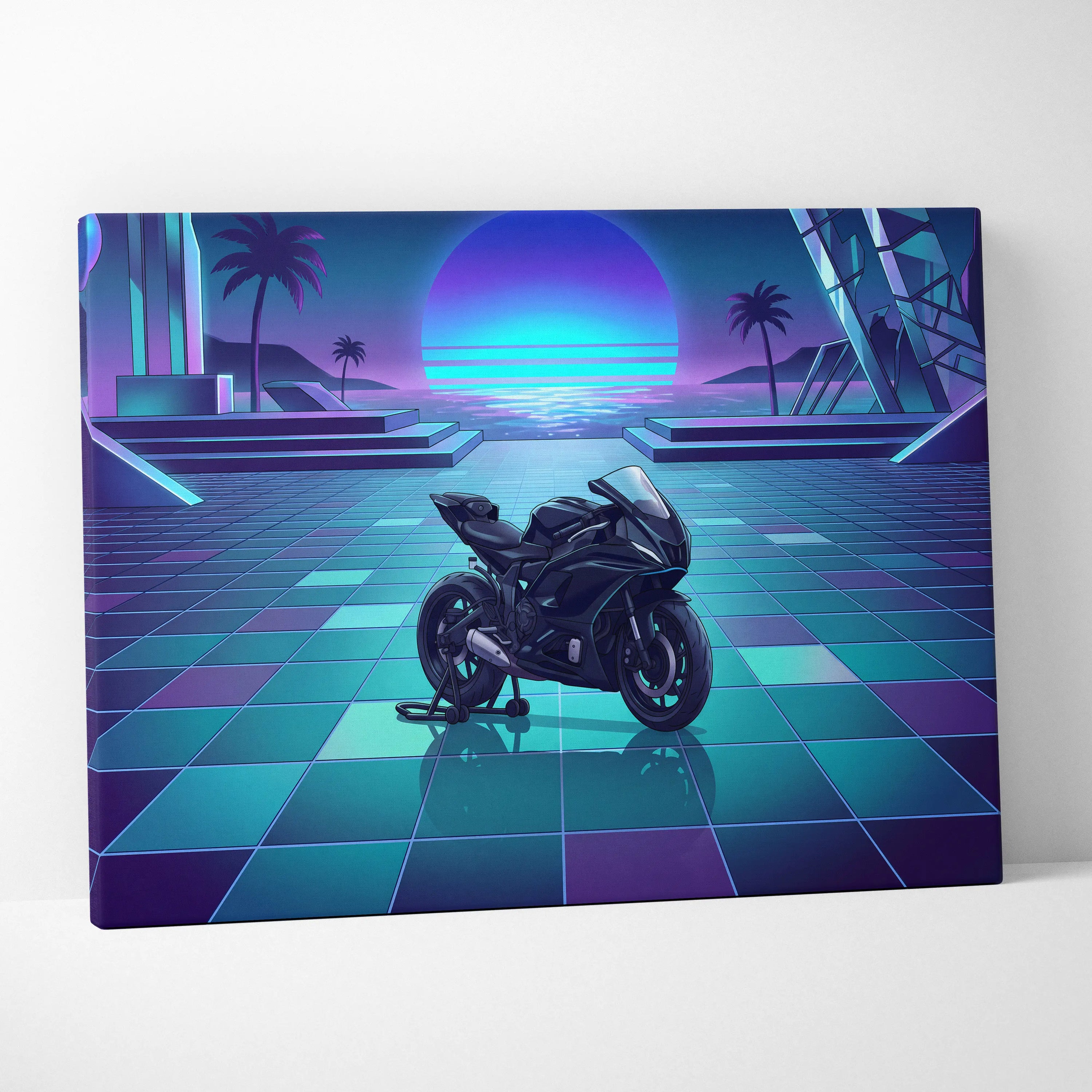 Yamaha YZF-R7 Inspired Purple Cyan Motorcycle Canvas Wall Art Vaporwave Neon Sunset Sportbike Garage Decor Retro Futuristic Artwork