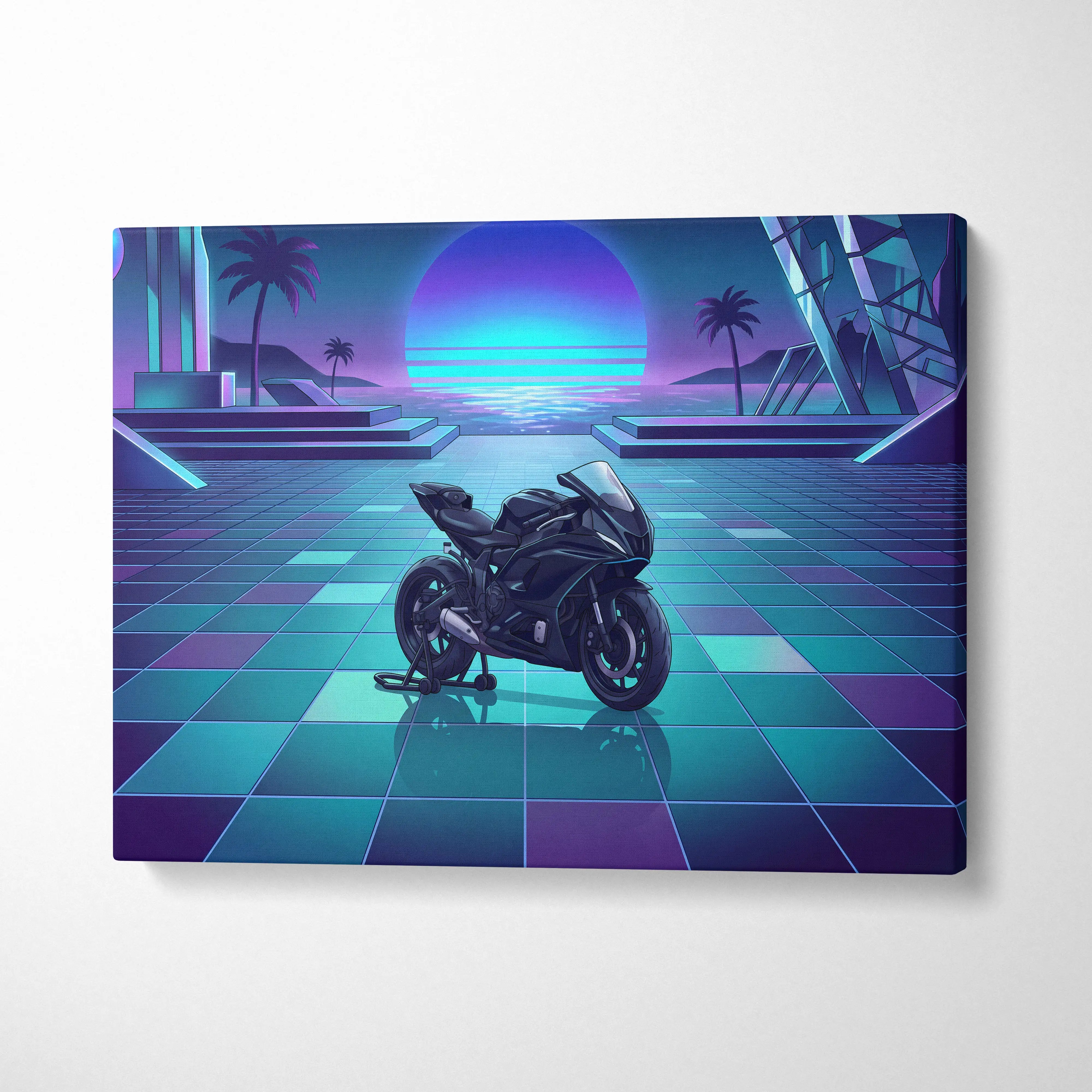 Yamaha YZF-R7 Inspired Purple Cyan Motorcycle Canvas Wall Art Vaporwave Neon Sunset Sportbike Garage Decor Retro Futuristic Artwork