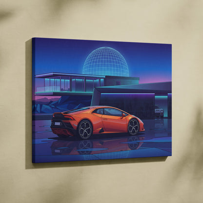Lamborghini Huracan Inspired Orange Purple Canvas Wall Art Vaporwave Supercar Artwork Neon Observatory Garage Decor Retro Futuristic Night Print