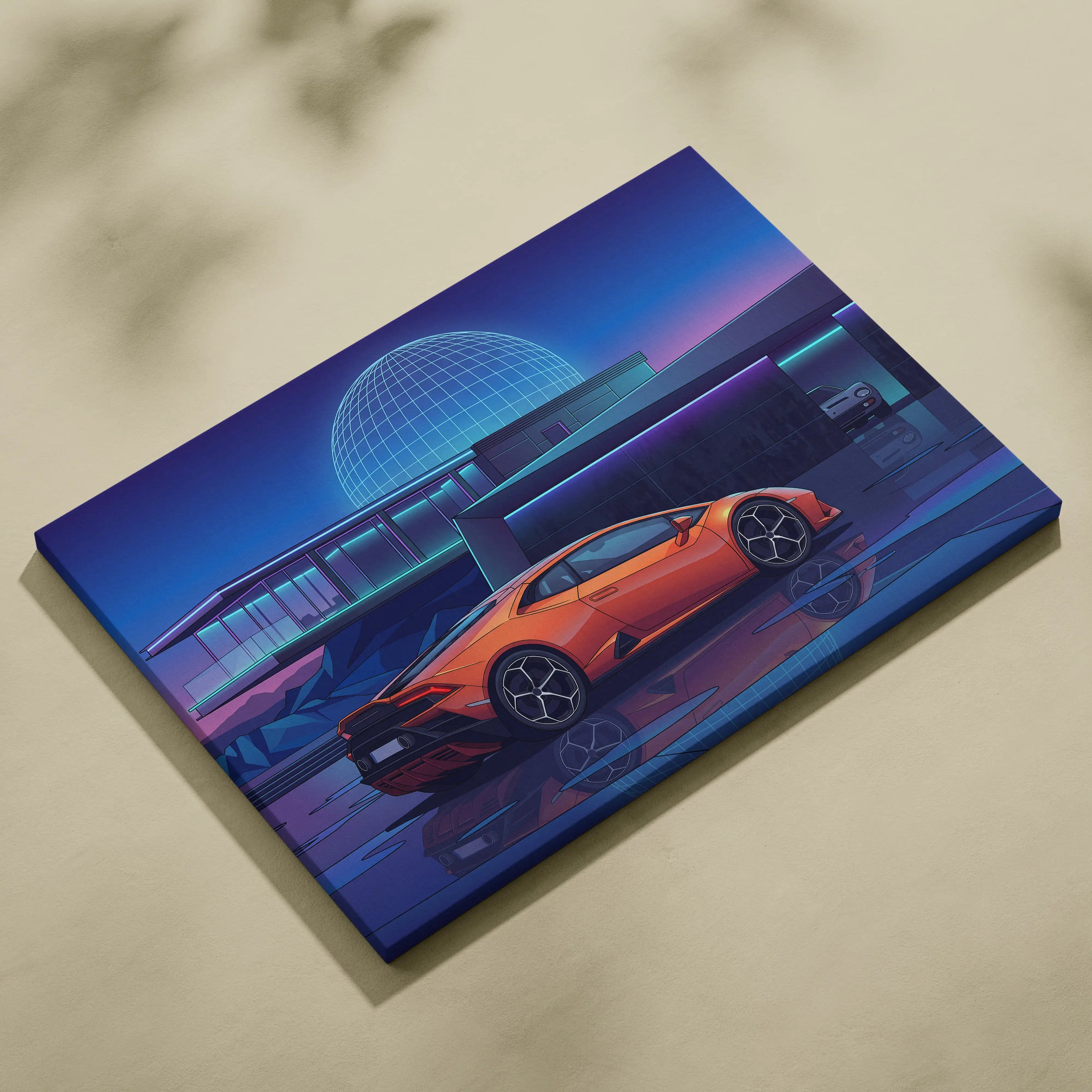Lamborghini Huracan Inspired Orange Purple Canvas Wall Art Vaporwave Supercar Artwork Neon Observatory Garage Decor Retro Futuristic Night Print