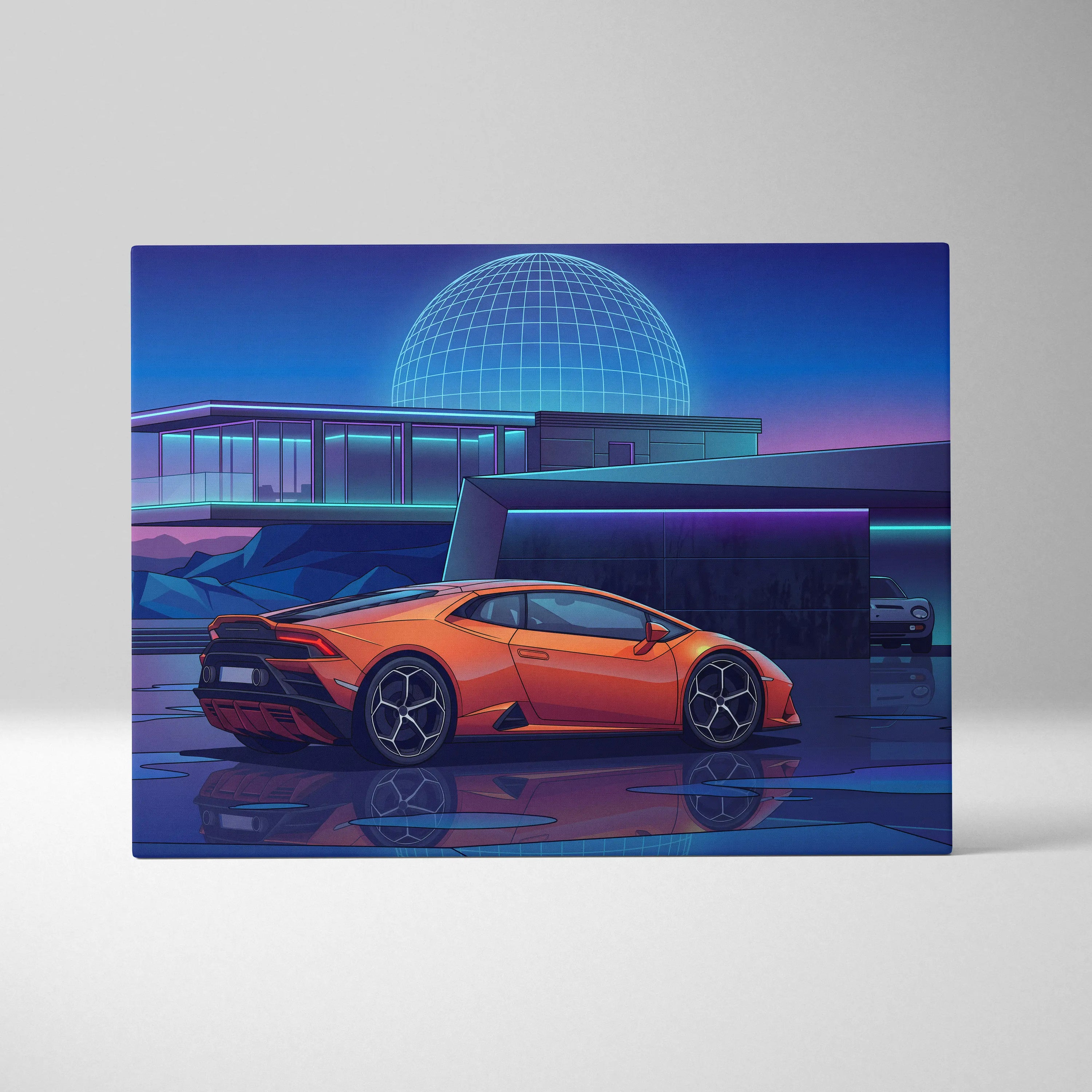 Lamborghini Huracan Inspired Orange Purple Canvas Wall Art Vaporwave Supercar Artwork Neon Observatory Garage Decor Retro Futuristic Night Print