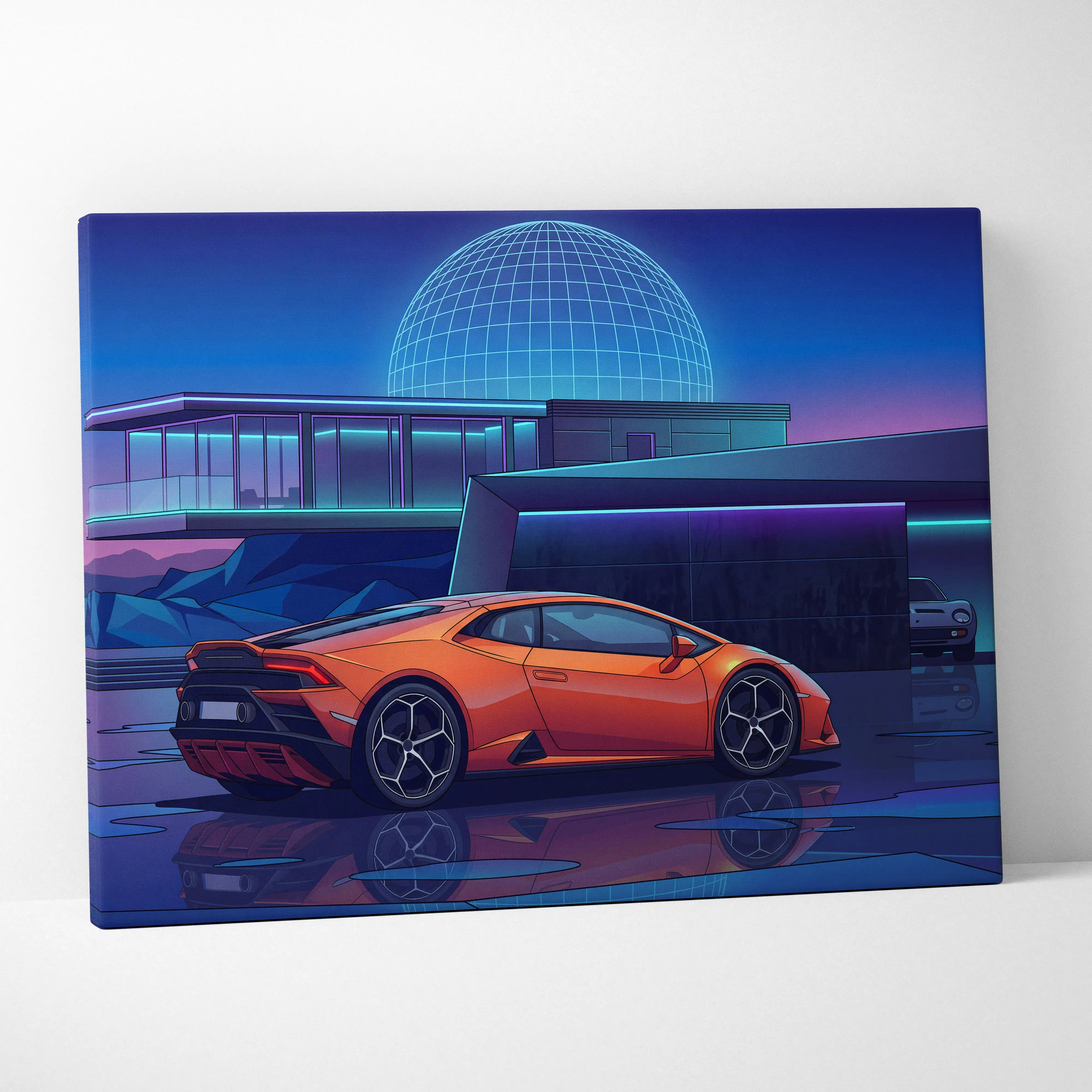 Lamborghini Huracan Inspired Orange Purple Canvas Wall Art Vaporwave Supercar Artwork Neon Observatory Garage Decor Retro Futuristic Night Print