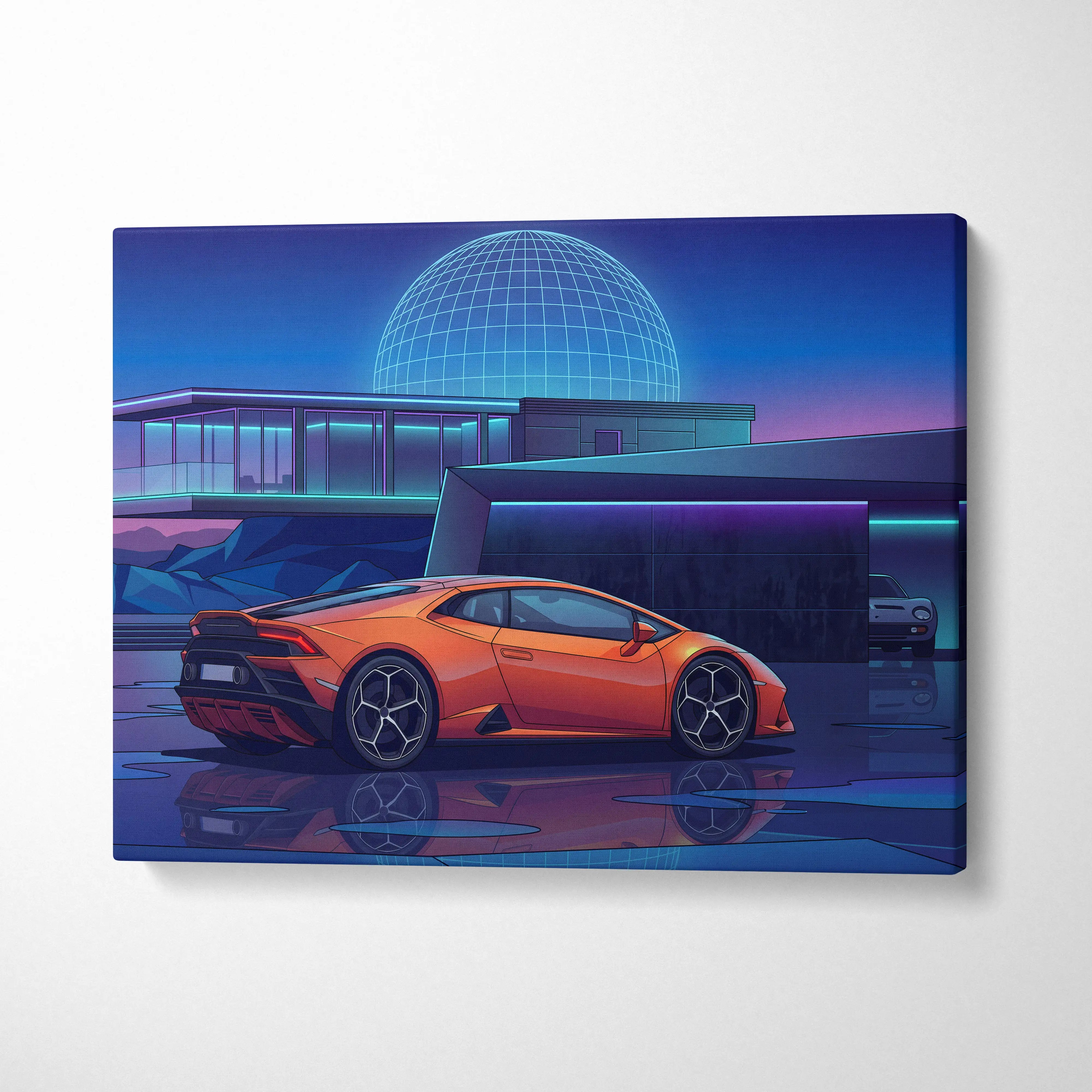 Lamborghini Huracan Inspired Orange Purple Canvas Wall Art Vaporwave Supercar Artwork Neon Observatory Garage Decor Retro Futuristic Night Print