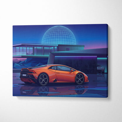 Lamborghini Huracan Inspired Orange Purple Canvas Wall Art Vaporwave Supercar Artwork Neon Observatory Garage Decor Retro Futuristic Night Print