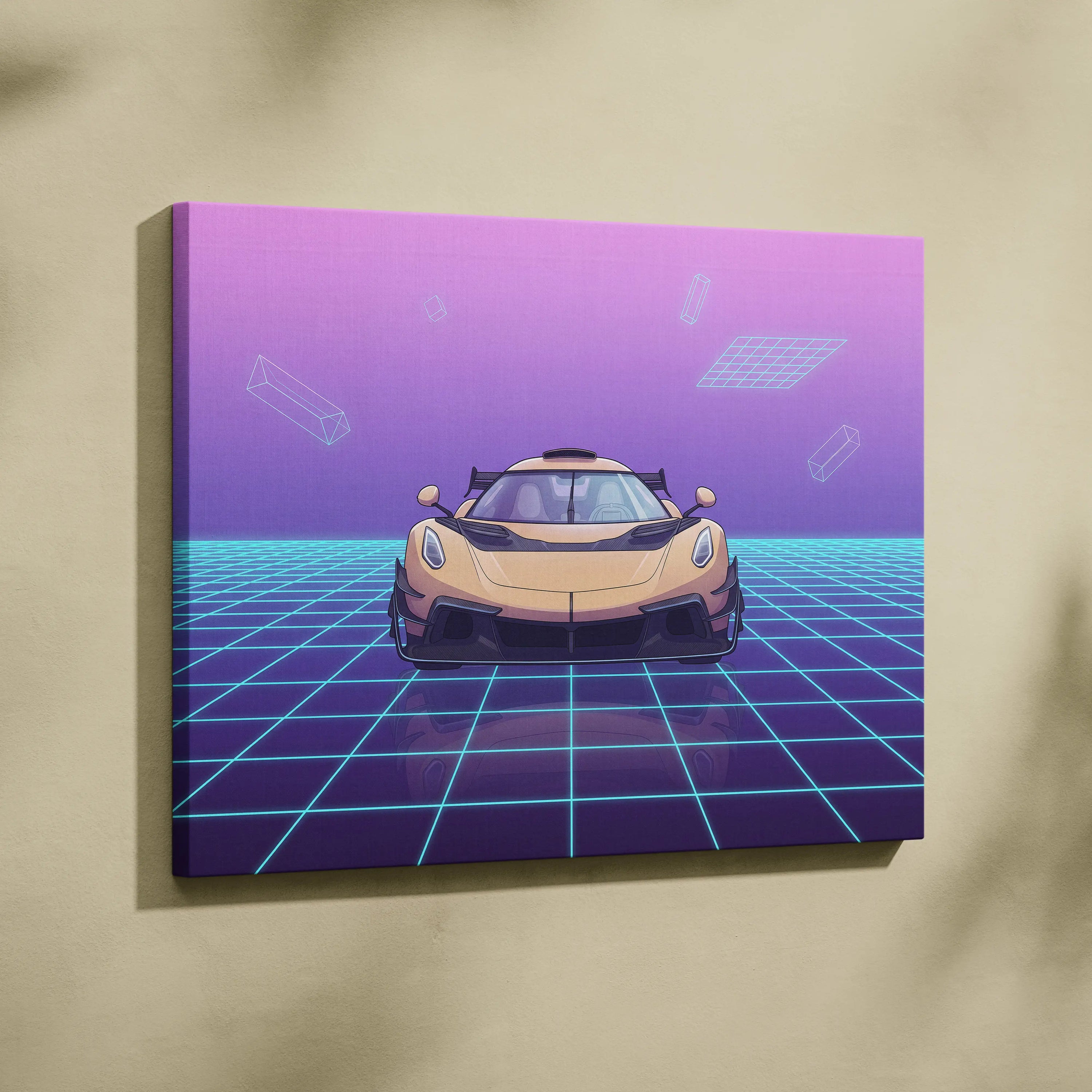 Koenigsegg Jesko Inspired Gold Purple Canvas Wall Art, Vaporwave Hypercar Artwork, Neon Grid Garage Decor, Retro Futuristic Exotic Car Print