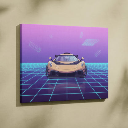 Koenigsegg Jesko Inspired Gold Purple Canvas Wall Art, Vaporwave Hypercar Artwork, Neon Grid Garage Decor, Retro Futuristic Exotic Car Print