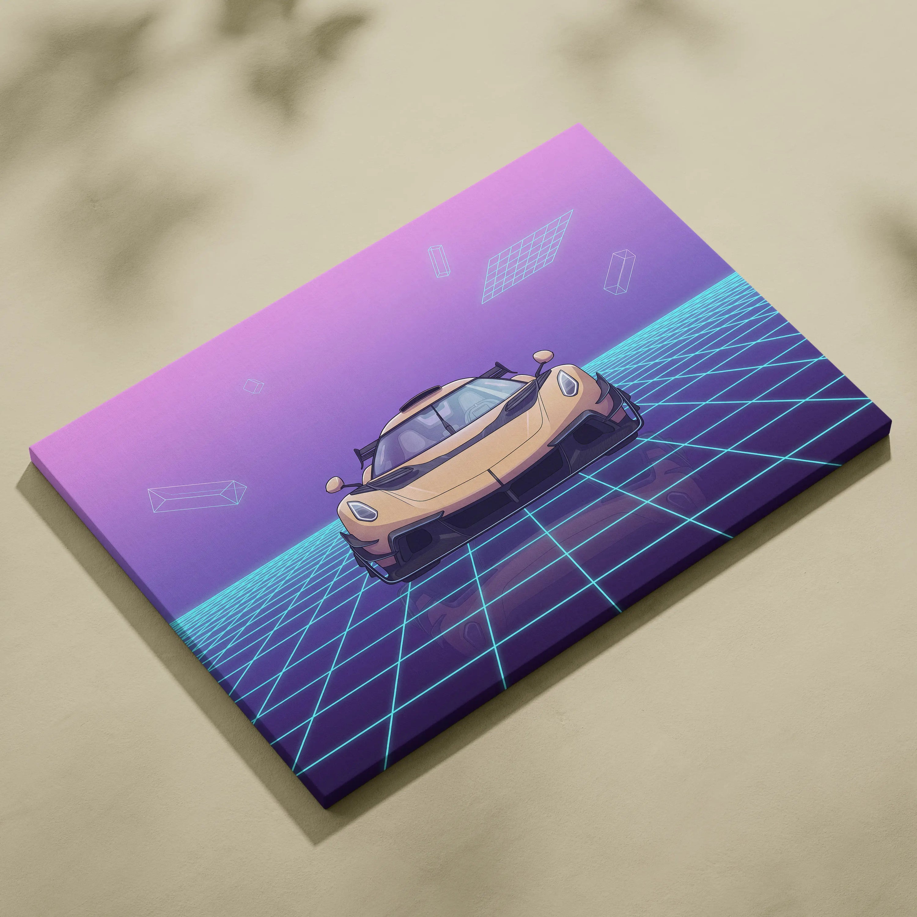 Koenigsegg Jesko Inspired Gold Purple Canvas Wall Art, Vaporwave Hypercar Artwork, Neon Grid Garage Decor, Retro Futuristic Exotic Car Print