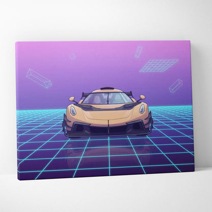 Koenigsegg Jesko Inspired Gold Purple Canvas Wall Art, Vaporwave Hypercar Artwork, Neon Grid Garage Decor, Retro Futuristic Exotic Car Print