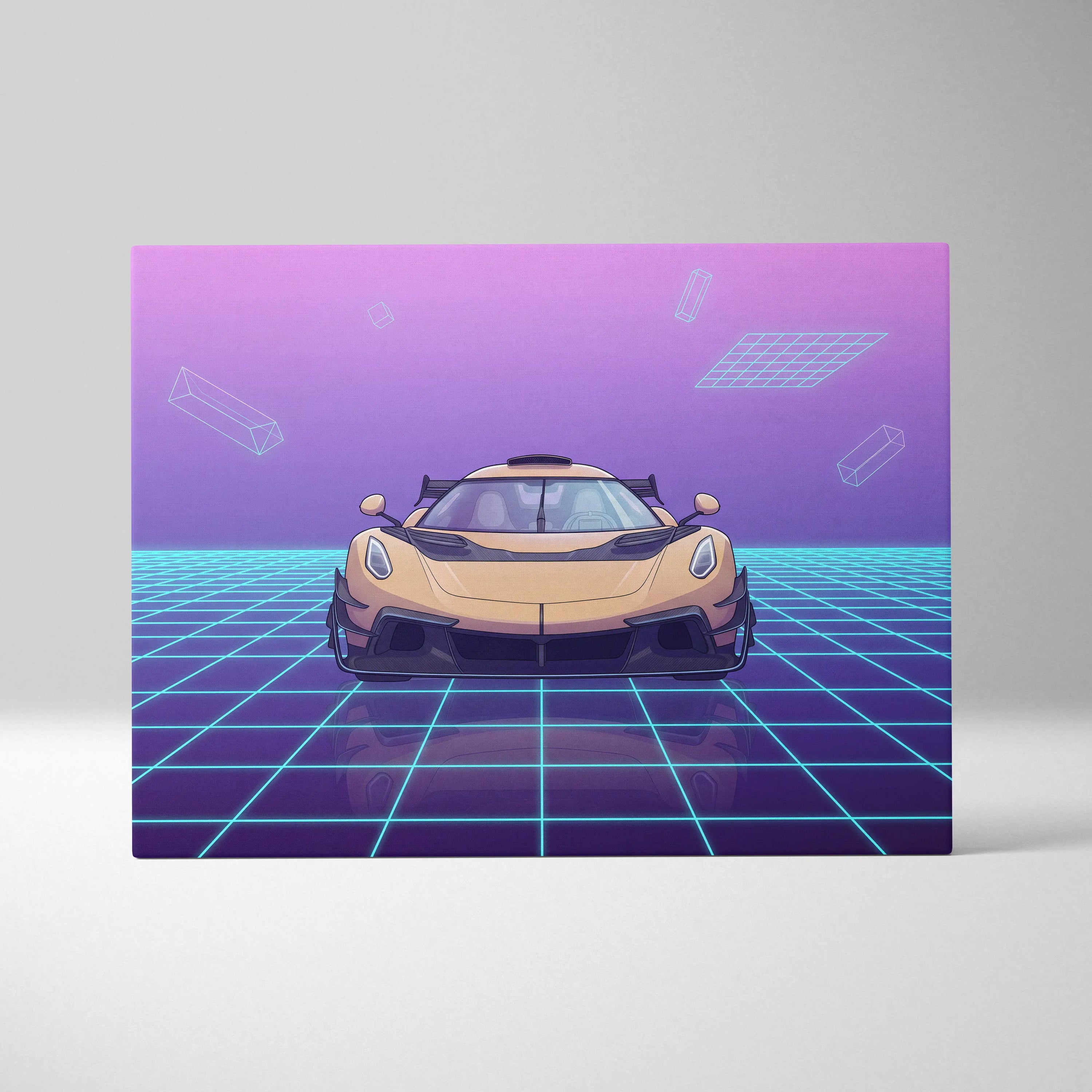 Koenigsegg Jesko Inspired Gold Purple Canvas Wall Art, Vaporwave Hypercar Artwork, Neon Grid Garage Decor, Retro Futuristic Exotic Car Print