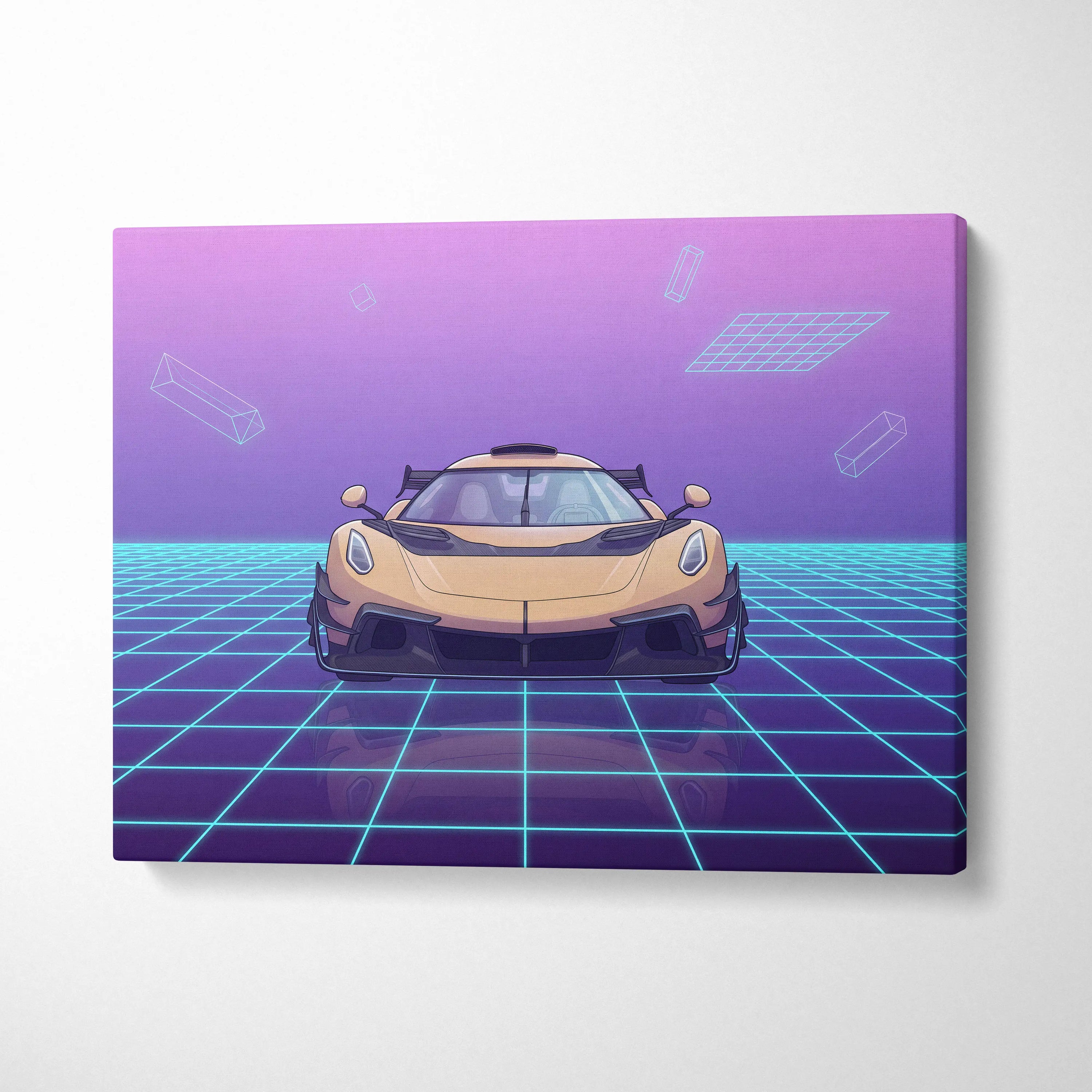 Koenigsegg Jesko Inspired Gold Purple Canvas Wall Art, Vaporwave Hypercar Artwork, Neon Grid Garage Decor, Retro Futuristic Exotic Car Print