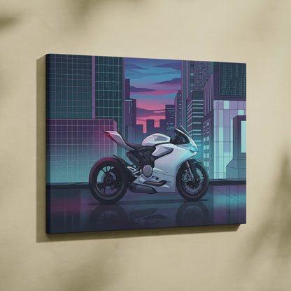 Ducati Panigale V2 Inspired White Teal Vaporwave Motorcycle Canvas Wall Art Neon City Sportbike Artwork Cyberpunk Garage Decor
