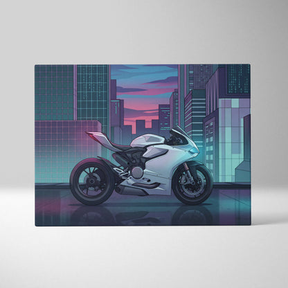 Ducati Panigale V2 Inspired White Teal Vaporwave Motorcycle Canvas Wall Art Neon City Sportbike Artwork Cyberpunk Garage Decor