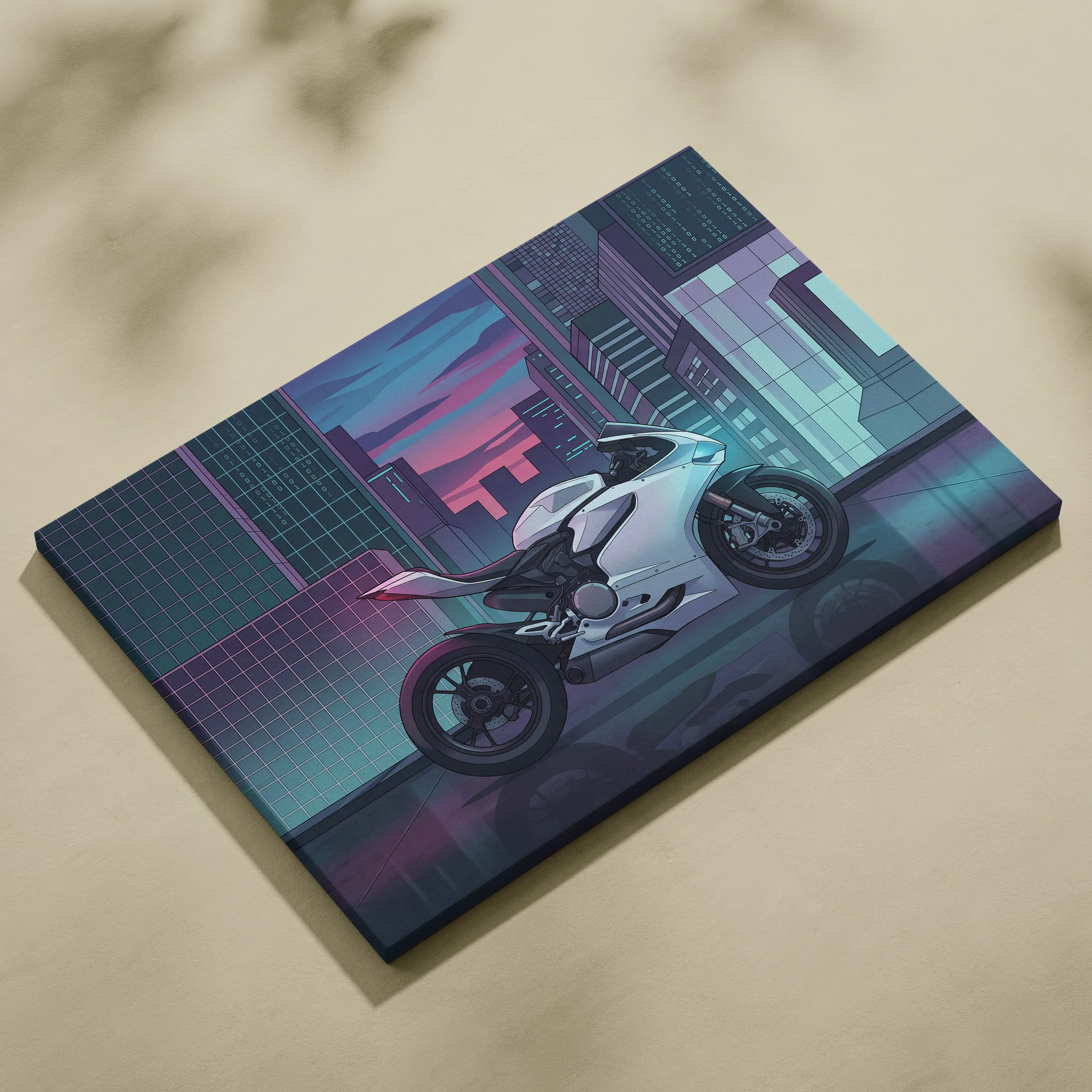 Ducati Panigale V2 Inspired White Teal Vaporwave Motorcycle Canvas Wall Art Neon City Sportbike Artwork Cyberpunk Garage Decor