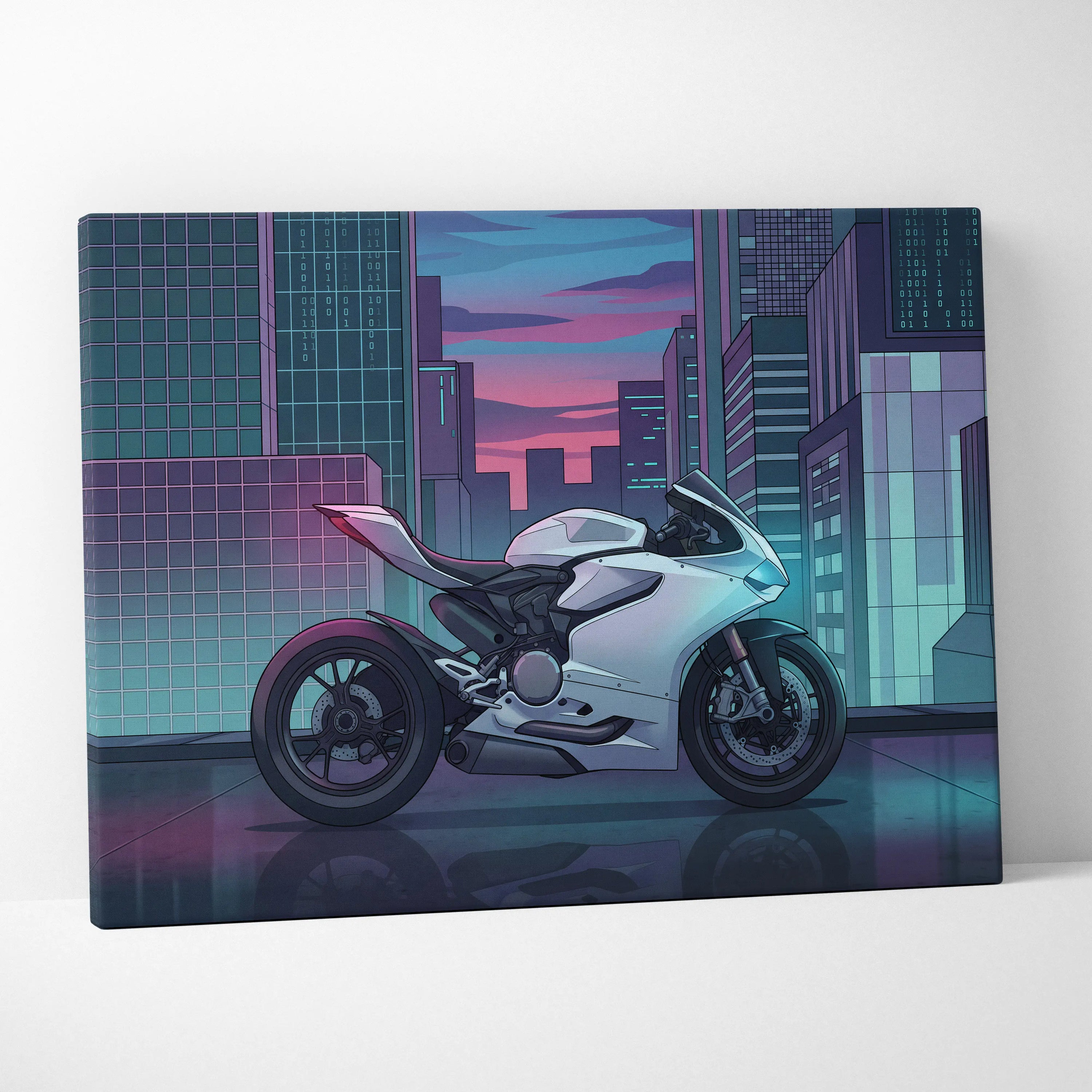 Ducati Panigale V2 Inspired White Teal Vaporwave Motorcycle Canvas Wall Art Neon City Sportbike Artwork Cyberpunk Garage Decor