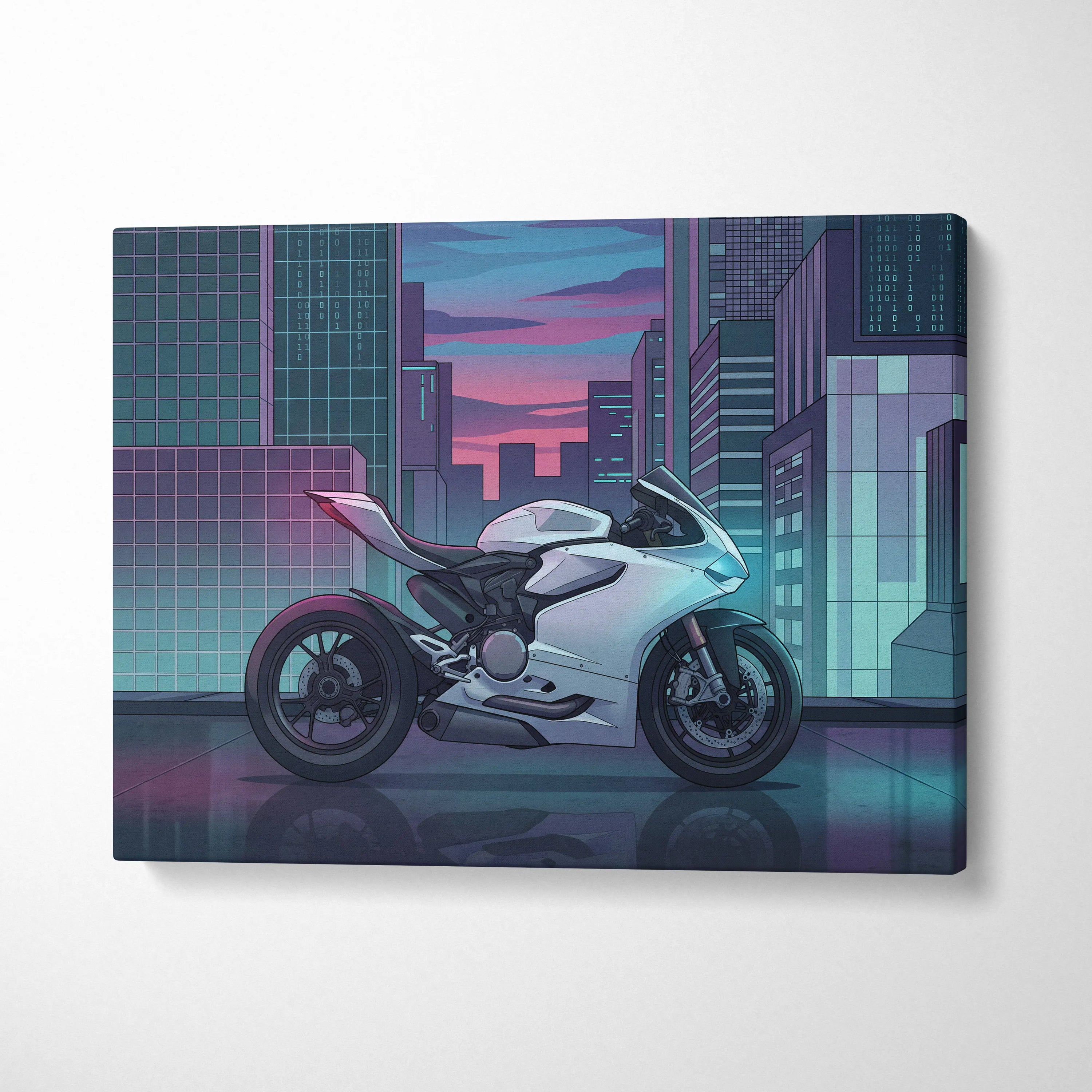 Ducati Panigale V2 Inspired White Teal Vaporwave Motorcycle Canvas Wall Art Neon City Sportbike Artwork Cyberpunk Garage Decor
