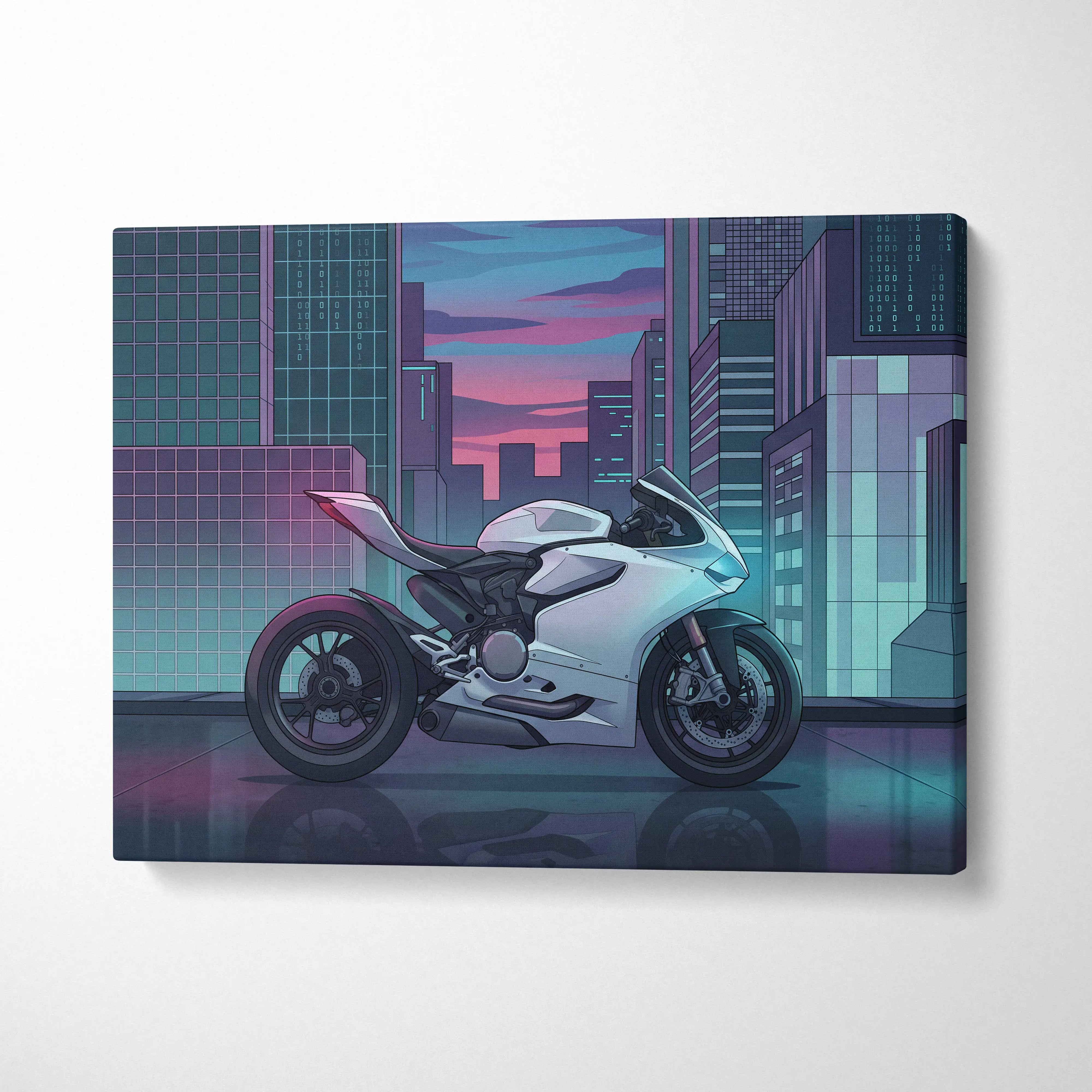 Ducati Panigale V2 Inspired White Teal Vaporwave Motorcycle Canvas Wall Art Neon City Sportbike Artwork Cyberpunk Garage Decor