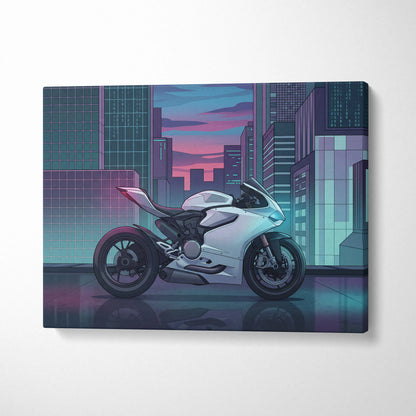 Ducati Panigale V2 Inspired White Teal Vaporwave Motorcycle Canvas Wall Art Neon City Sportbike Artwork Cyberpunk Garage Decor