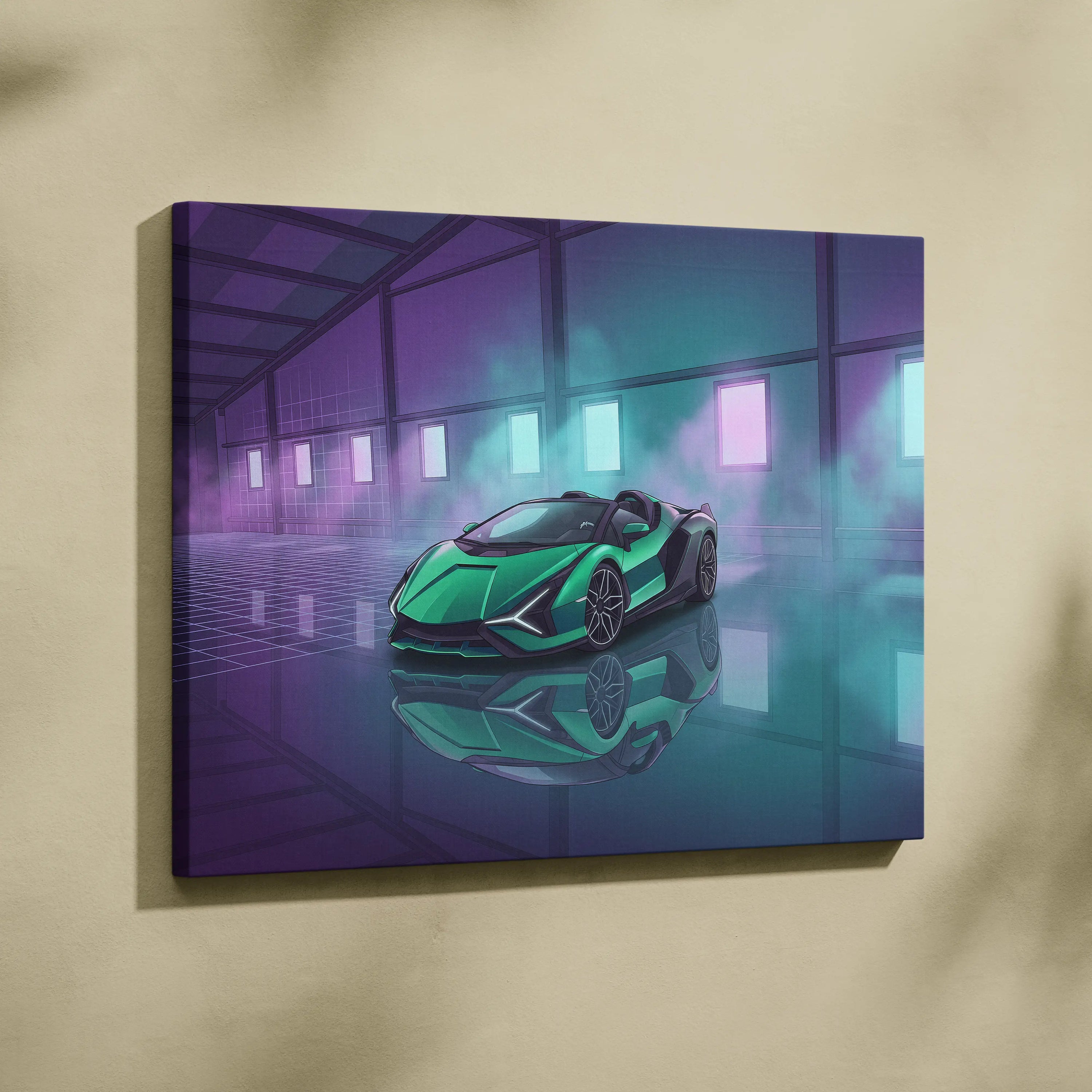 Lamborghini Sian Roadster Inspired Green Purple Canvas Wall Art, Neon Vaporwave Hypercar Artwork for Futuristic Garage Decor