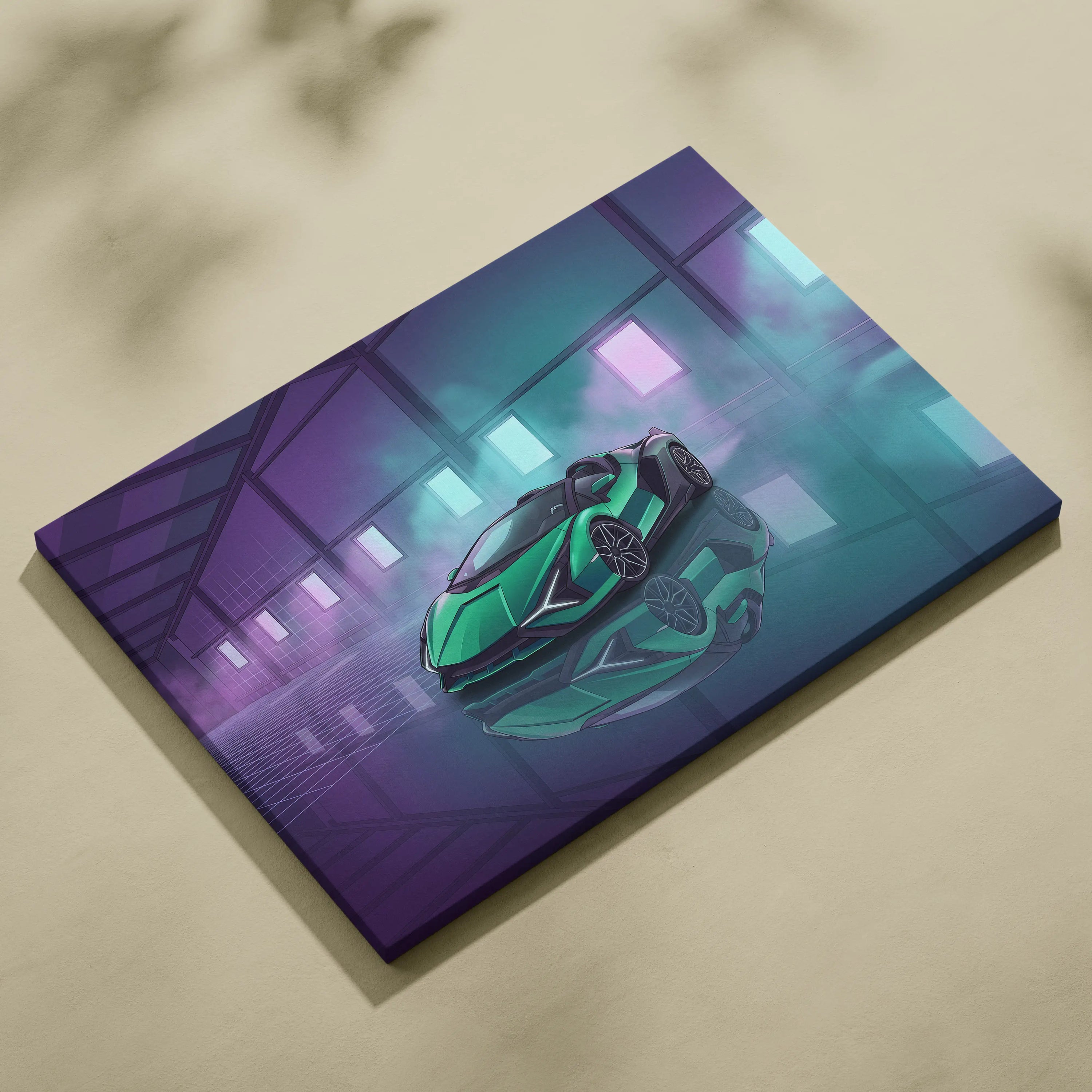 Lamborghini Sian Roadster Inspired Green Purple Canvas Wall Art, Neon Vaporwave Hypercar Artwork for Futuristic Garage Decor