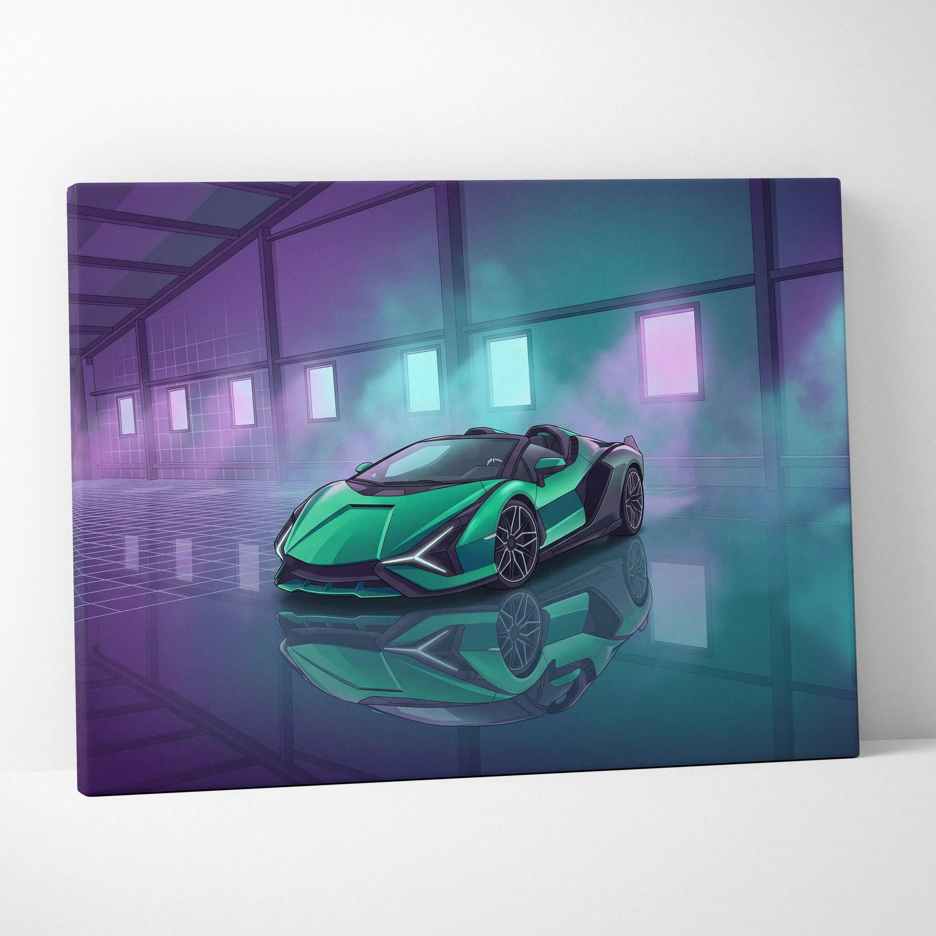 Lamborghini Sian Roadster Inspired Green Purple Canvas Wall Art, Neon Vaporwave Hypercar Artwork for Futuristic Garage Decor