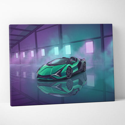 Lamborghini Sian Roadster Inspired Green Purple Canvas Wall Art, Neon Vaporwave Hypercar Artwork for Futuristic Garage Decor