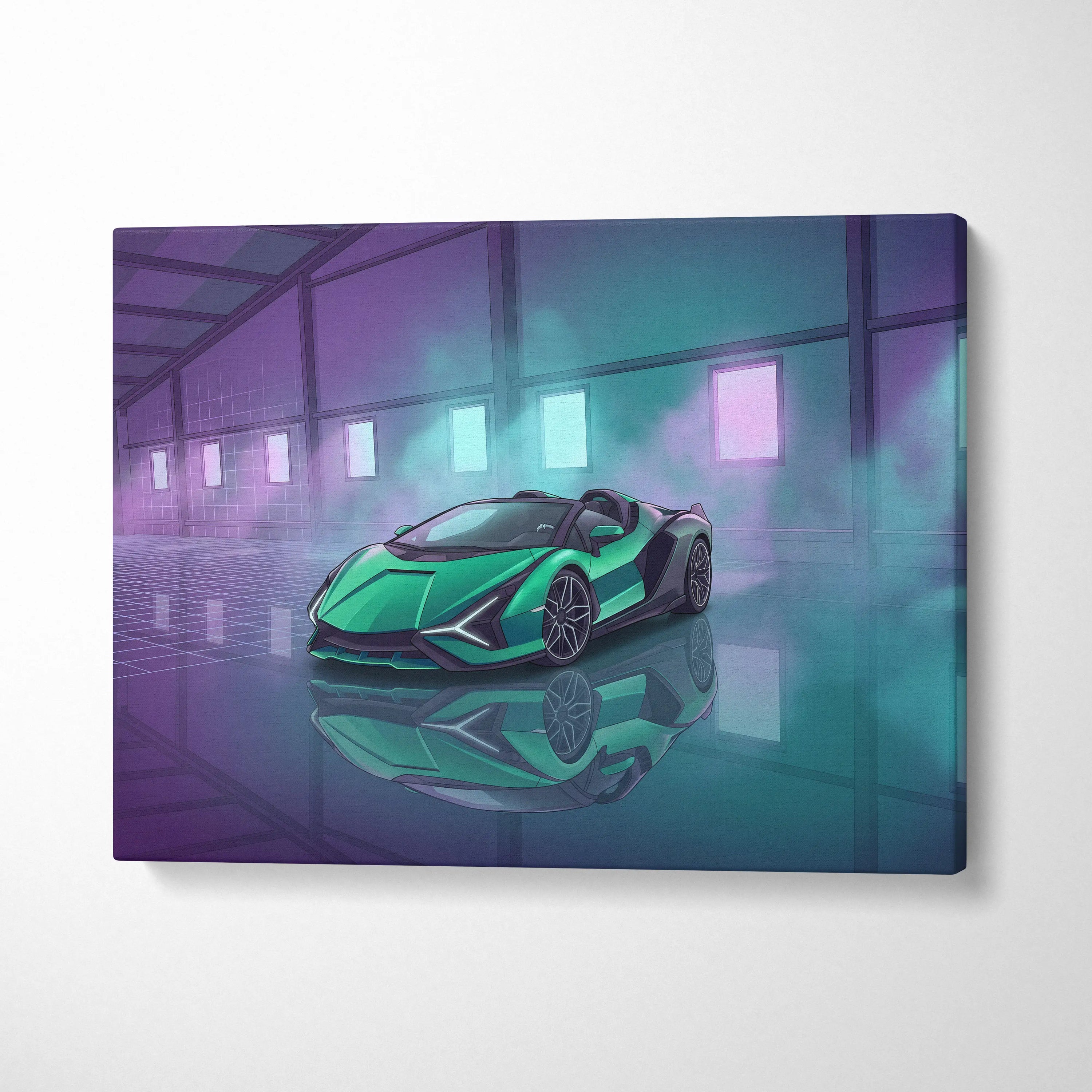 Lamborghini Sian Roadster Inspired Green Purple Canvas Wall Art, Neon Vaporwave Hypercar Artwork for Futuristic Garage Decor
