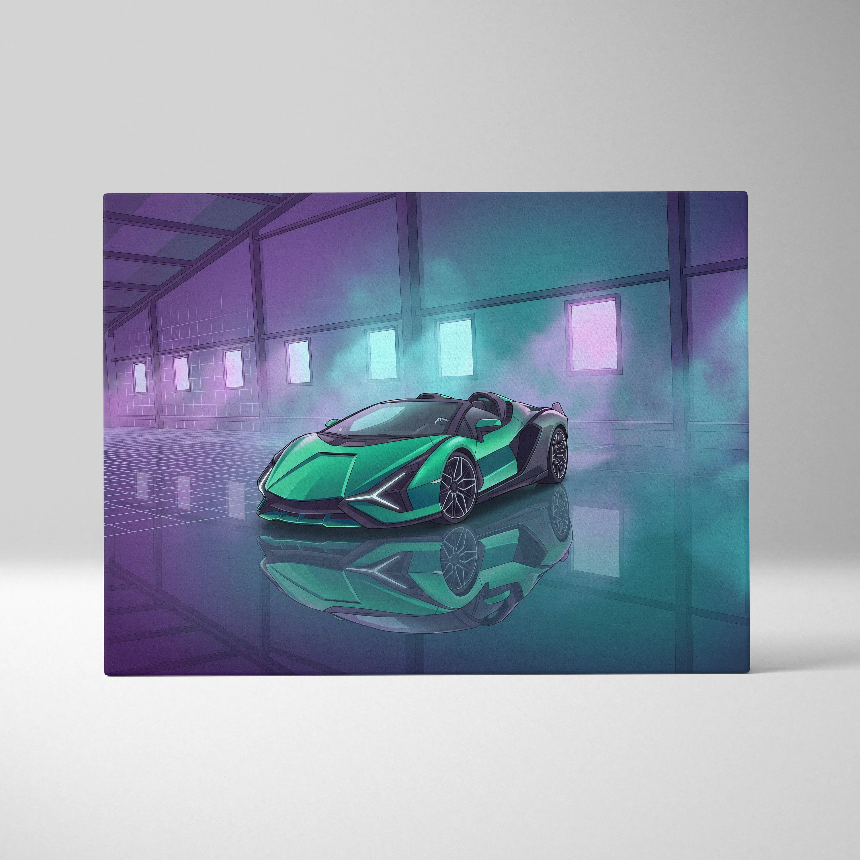 Lamborghini Sian Roadster Inspired Green Purple Canvas Wall Art, Neon Vaporwave Hypercar Artwork for Futuristic Garage Decor