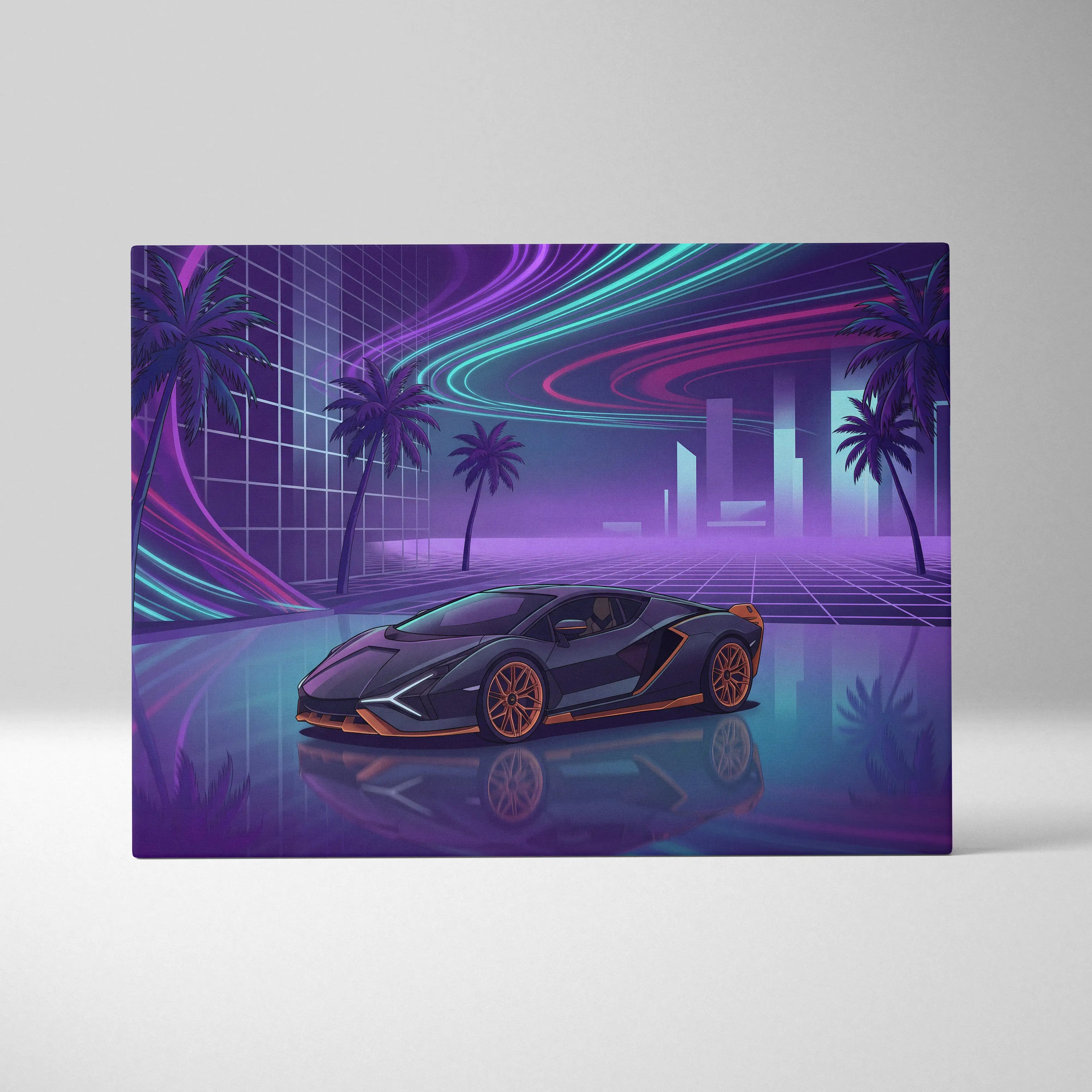 Lamborghini Sian Inspired Black Purple Canvas Wall Art, Neon Vaporwave Hypercar Artwork for Futuristic Garage Decor with Cyberpunk Mood