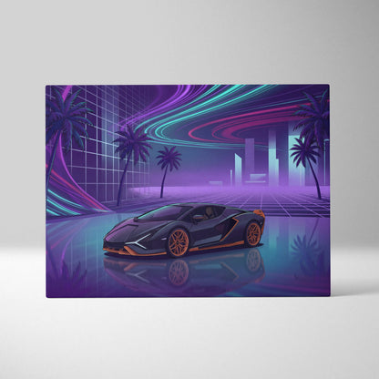 Lamborghini Sian Inspired Black Purple Canvas Wall Art, Neon Vaporwave Hypercar Artwork for Futuristic Garage Decor with Cyberpunk Mood