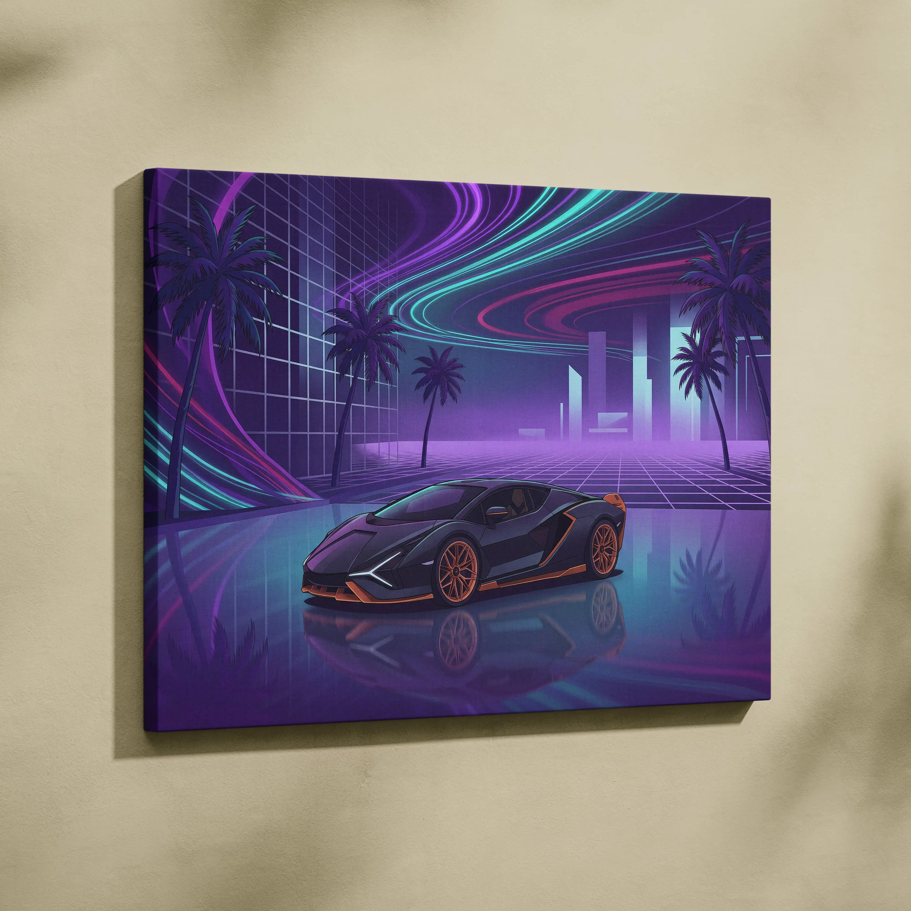 Lamborghini Sian Inspired Black Purple Canvas Wall Art, Neon Vaporwave Hypercar Artwork for Futuristic Garage Decor with Cyberpunk Mood