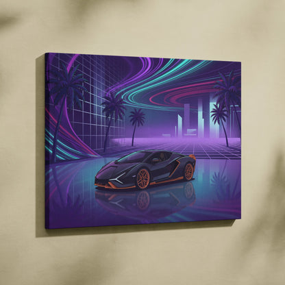 Lamborghini Sian Inspired Black Purple Canvas Wall Art, Neon Vaporwave Hypercar Artwork for Futuristic Garage Decor with Cyberpunk Mood