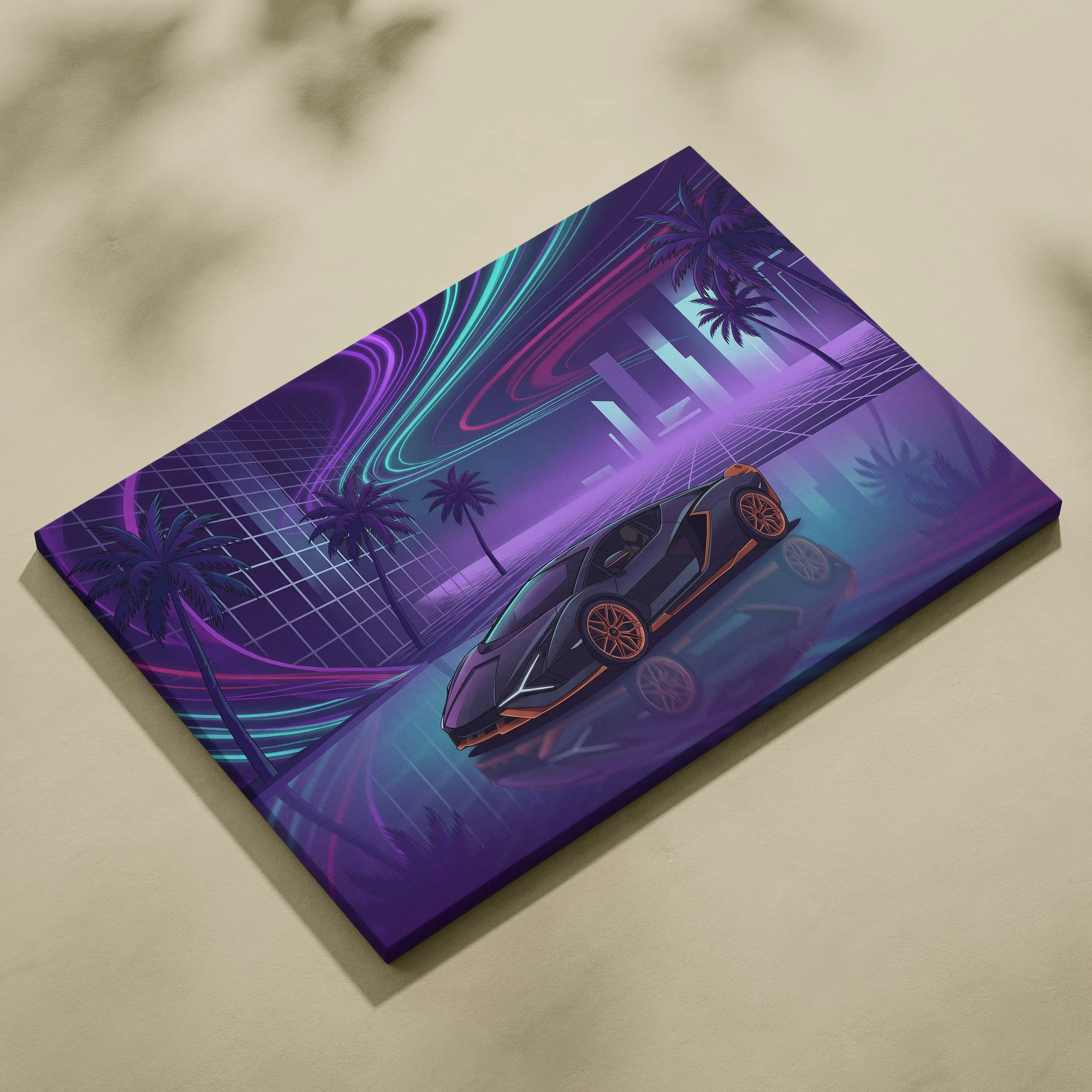 Lamborghini Sian Inspired Black Purple Canvas Wall Art, Neon Vaporwave Hypercar Artwork for Futuristic Garage Decor with Cyberpunk Mood