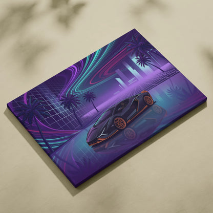 Lamborghini Sian Inspired Black Purple Canvas Wall Art, Neon Vaporwave Hypercar Artwork for Futuristic Garage Decor with Cyberpunk Mood