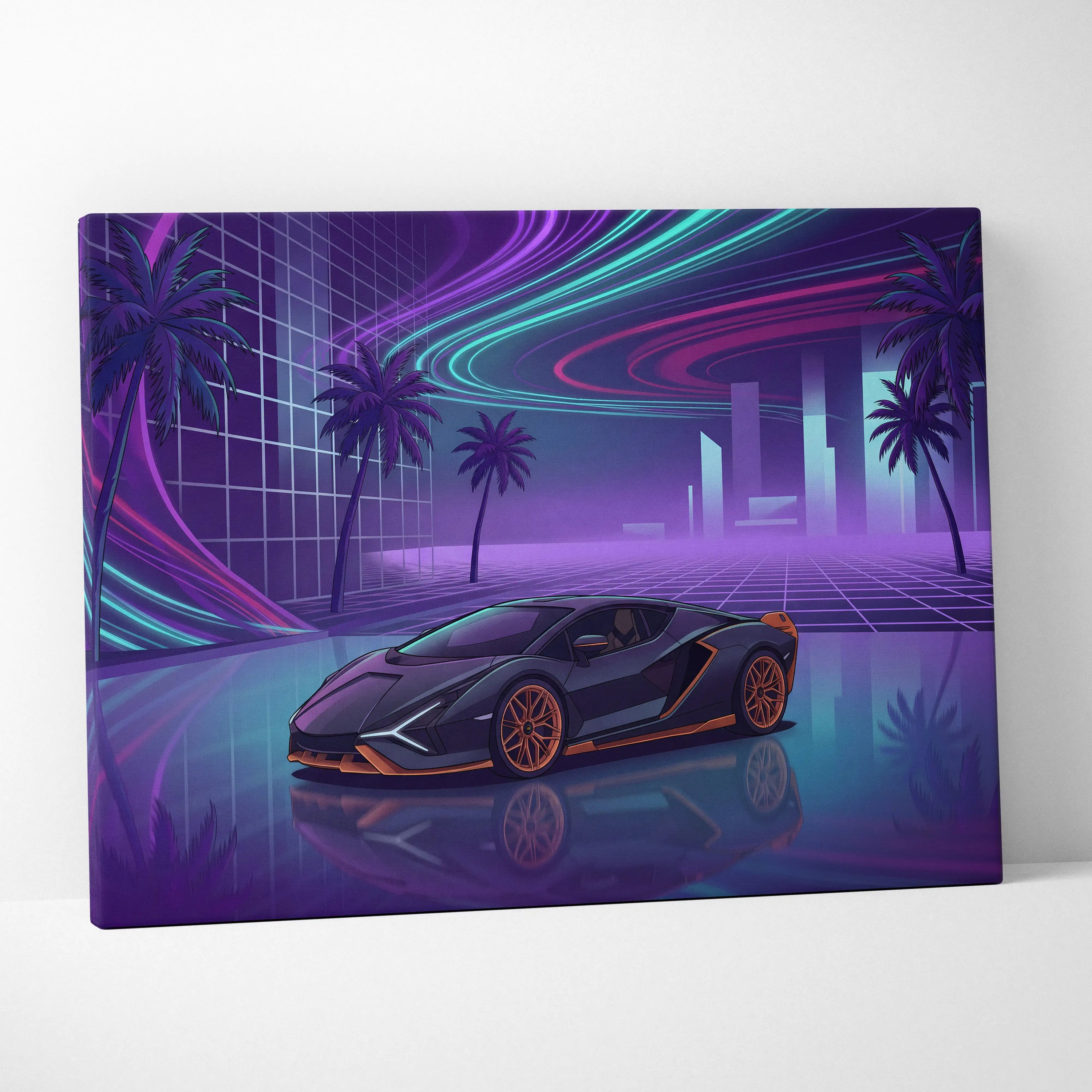 Lamborghini Sian Inspired Black Purple Canvas Wall Art, Neon Vaporwave Hypercar Artwork for Futuristic Garage Decor with Cyberpunk Mood