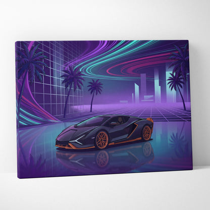 Lamborghini Sian Inspired Black Purple Canvas Wall Art, Neon Vaporwave Hypercar Artwork for Futuristic Garage Decor with Cyberpunk Mood