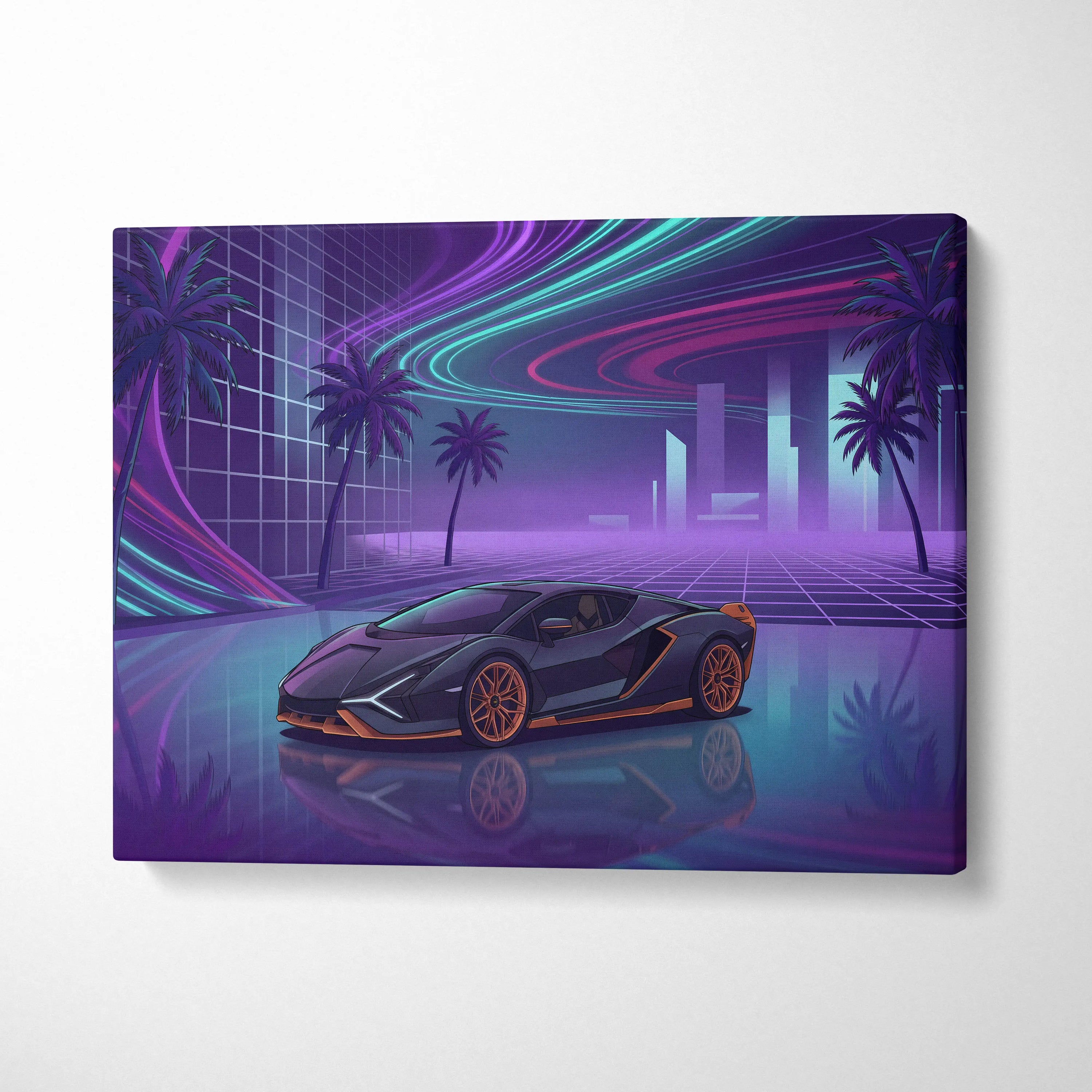 Lamborghini Sian Inspired Black Purple Canvas Wall Art, Neon Vaporwave Hypercar Artwork for Futuristic Garage Decor with Cyberpunk Mood
