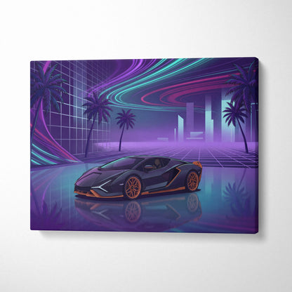 Lamborghini Sian Inspired Black Purple Canvas Wall Art, Neon Vaporwave Hypercar Artwork for Futuristic Garage Decor with Cyberpunk Mood