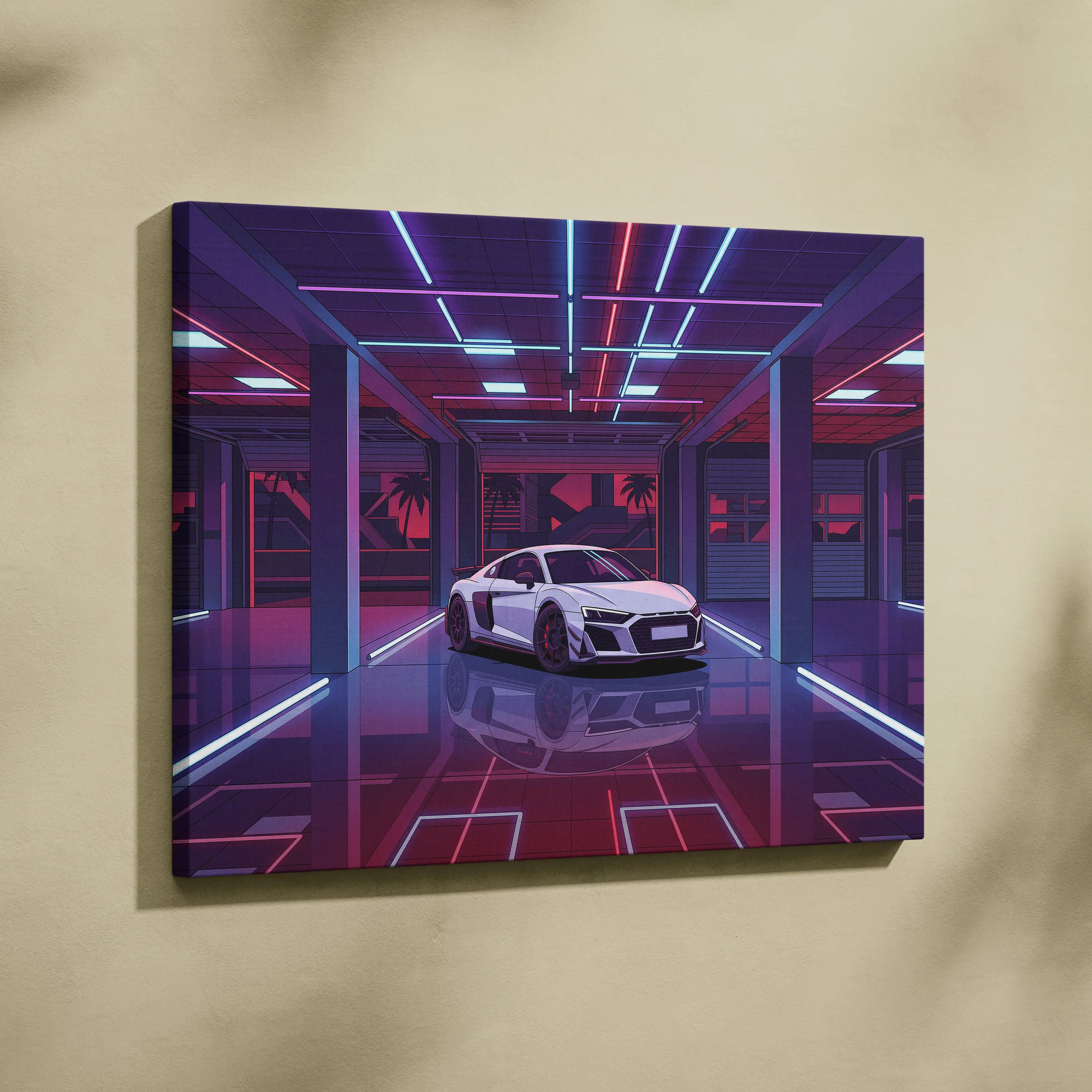 Audi R8 Vaporwave Canvas - Car Neon Purple Pink Blue Living Room Vaporwave | Nostalgic Retro Cyberpunk Canvas Print