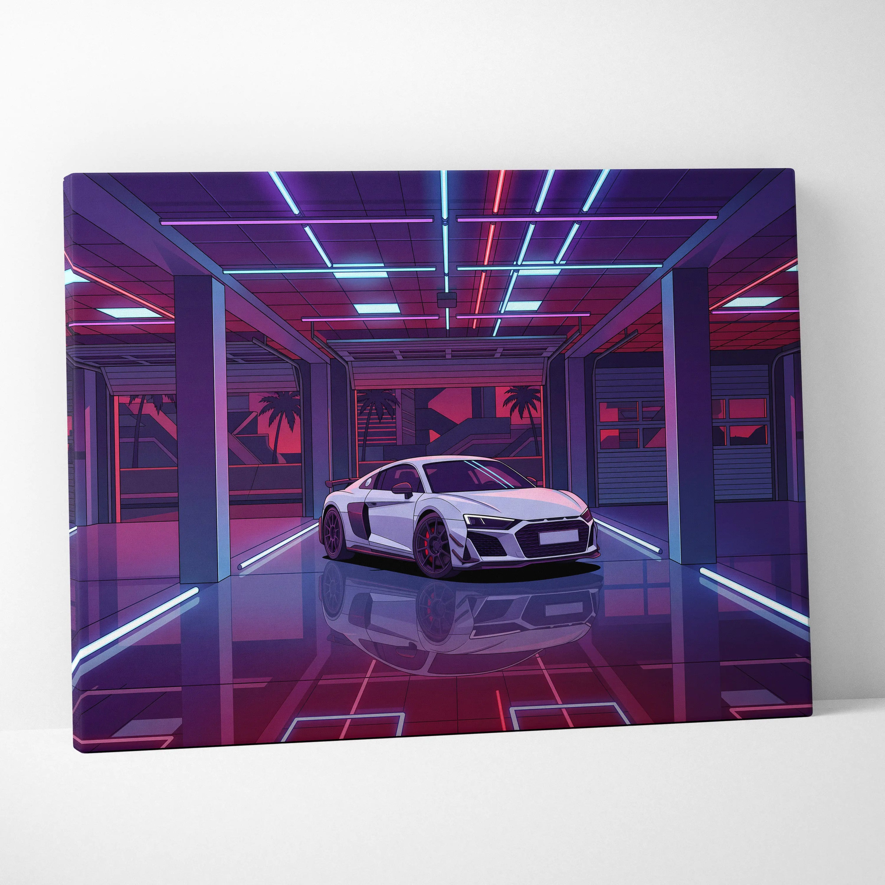 Audi R8 Vaporwave Canvas - Car Neon Purple Pink Blue Living Room Vaporwave | Nostalgic Retro Cyberpunk Canvas Print
