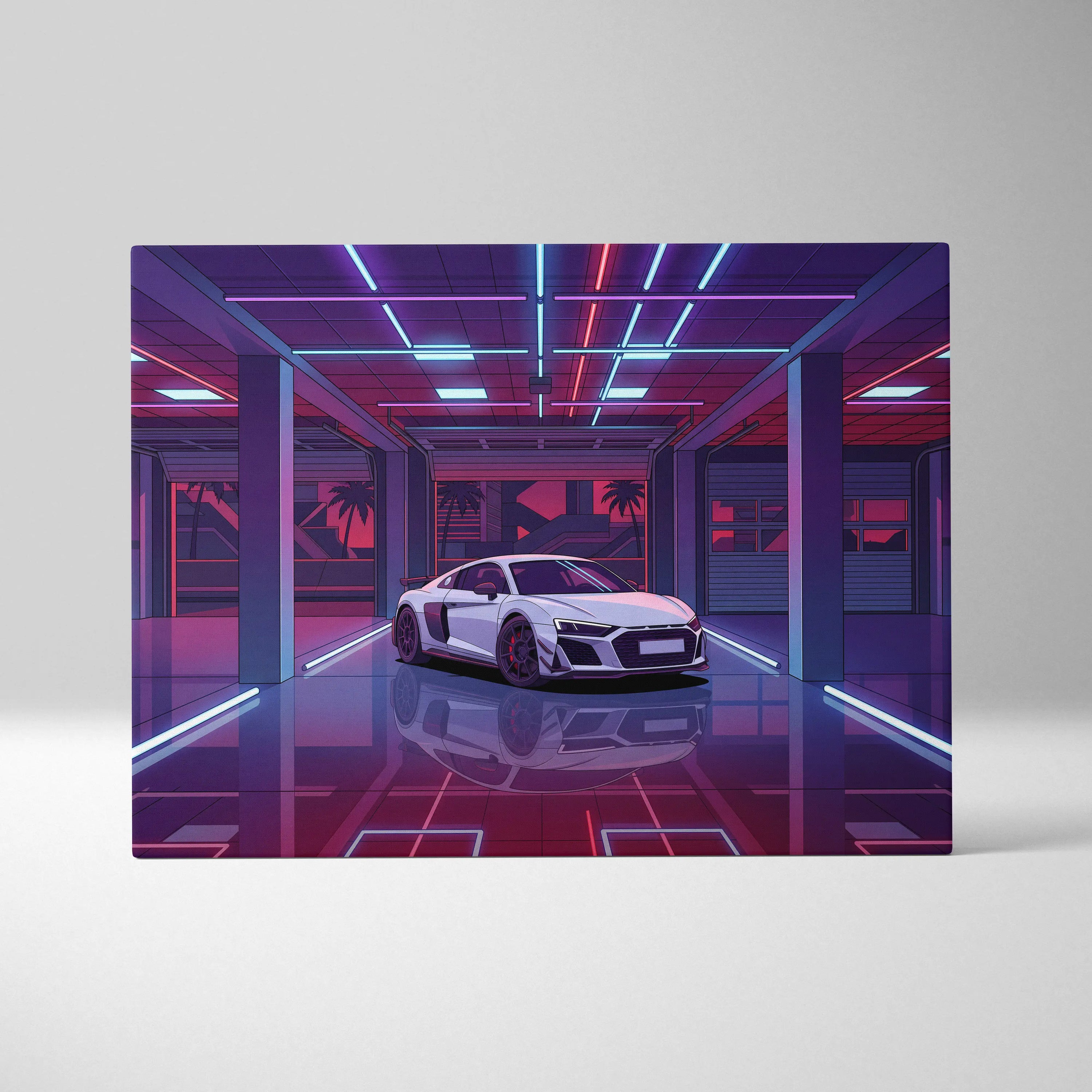 Audi R8 Vaporwave Canvas - Car Neon Purple Pink Blue Living Room Vaporwave | Nostalgic Retro Cyberpunk Canvas Print