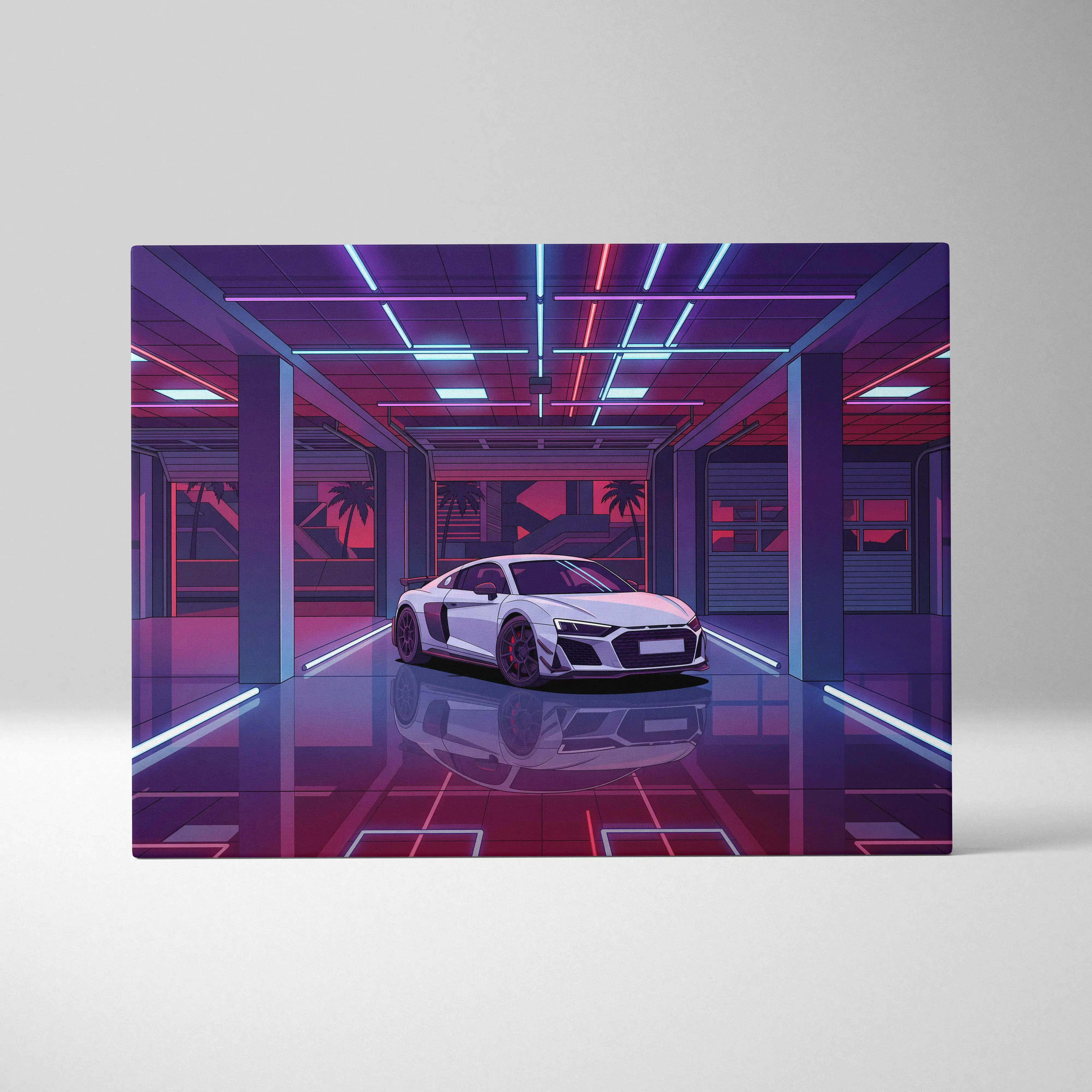 White audi r8 sports car with sleek aerodynamic design and black rims in neon-lit vaporwave garage canvas print