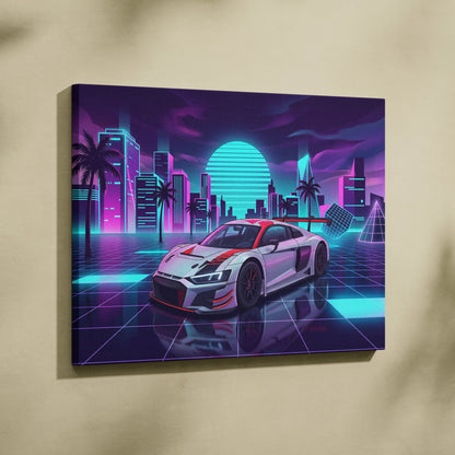 Audi R8 LMS Inspired Vaporwave Canvas - Neon Cityscape Pink Cyan Purple Living Room Vaporwave Nostalgic Dreamscape Canvas